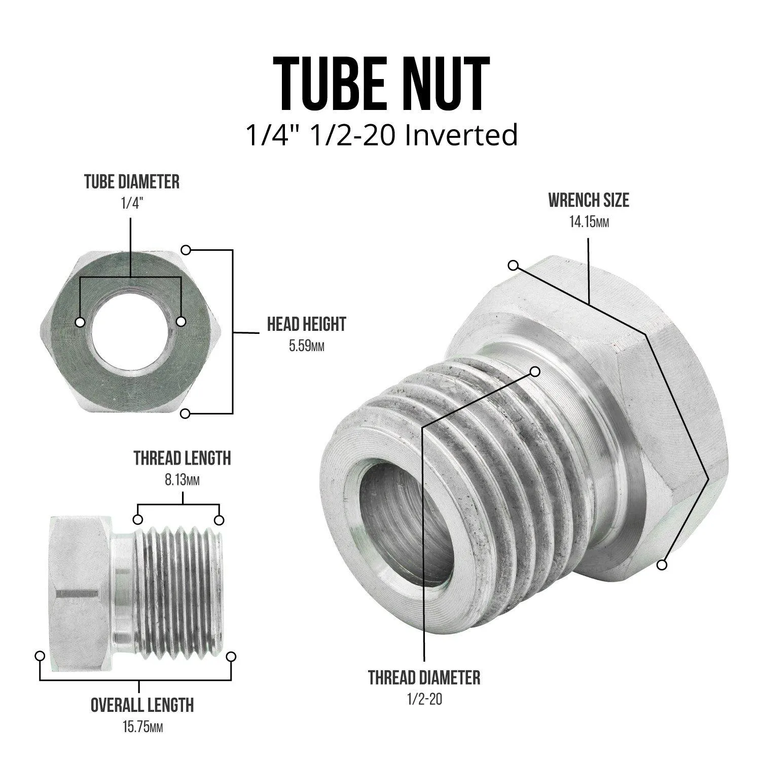 1/4" (1/2-20 Inverted) | Stainless Steel Brake Line Tube Nut | 10ct
