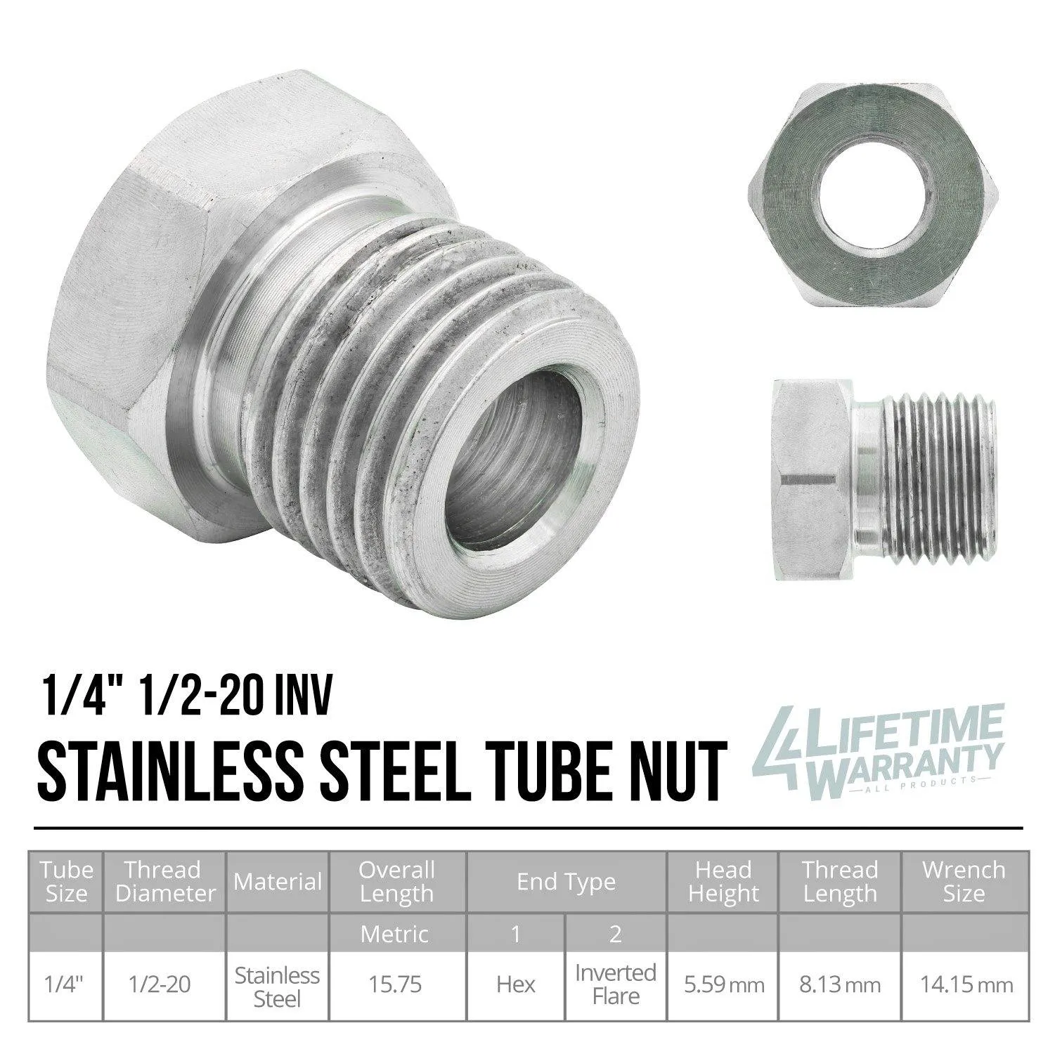 1/4" (1/2-20 Inverted) | Stainless Steel Brake Line Tube Nut | 10ct