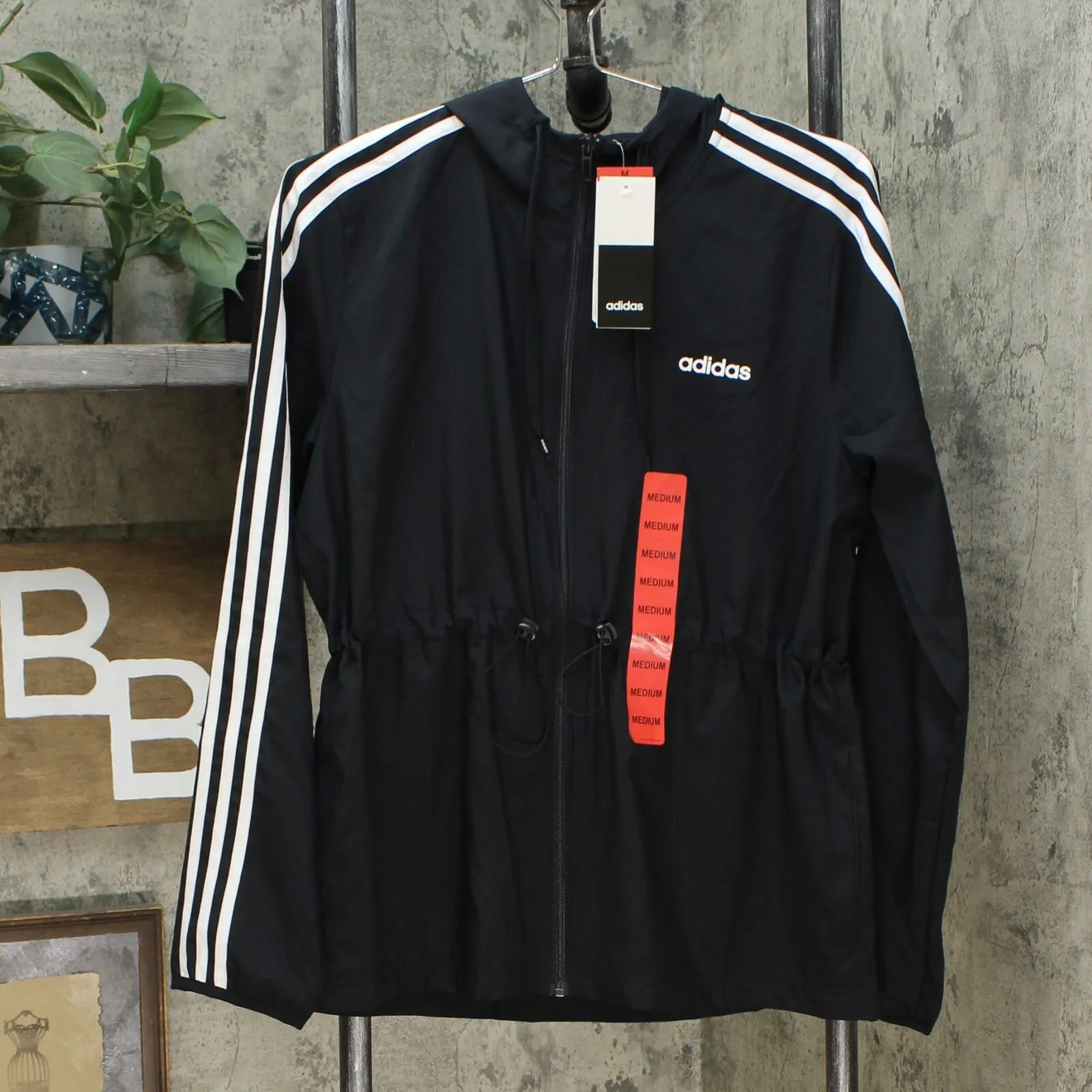 Adidas Women's Full Zip 3 Stripe Cinch Hooded Windbreaker