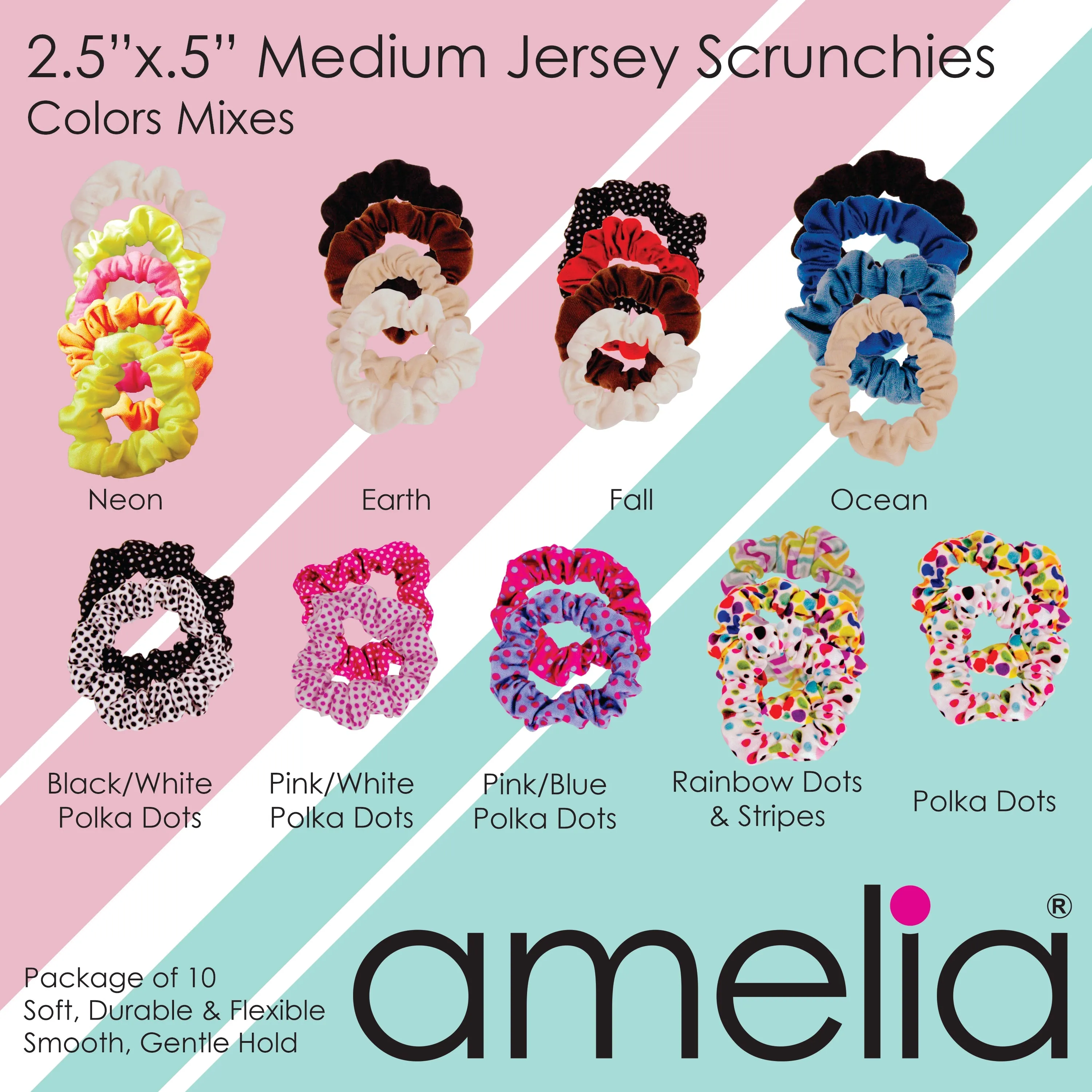 Amelia Beauty, Medium Brown Jersey Scrunchies, 2.5in Diameter, Gentle on Hair, Strong Hold, No Snag, No Dents or Creases. 10 Pack