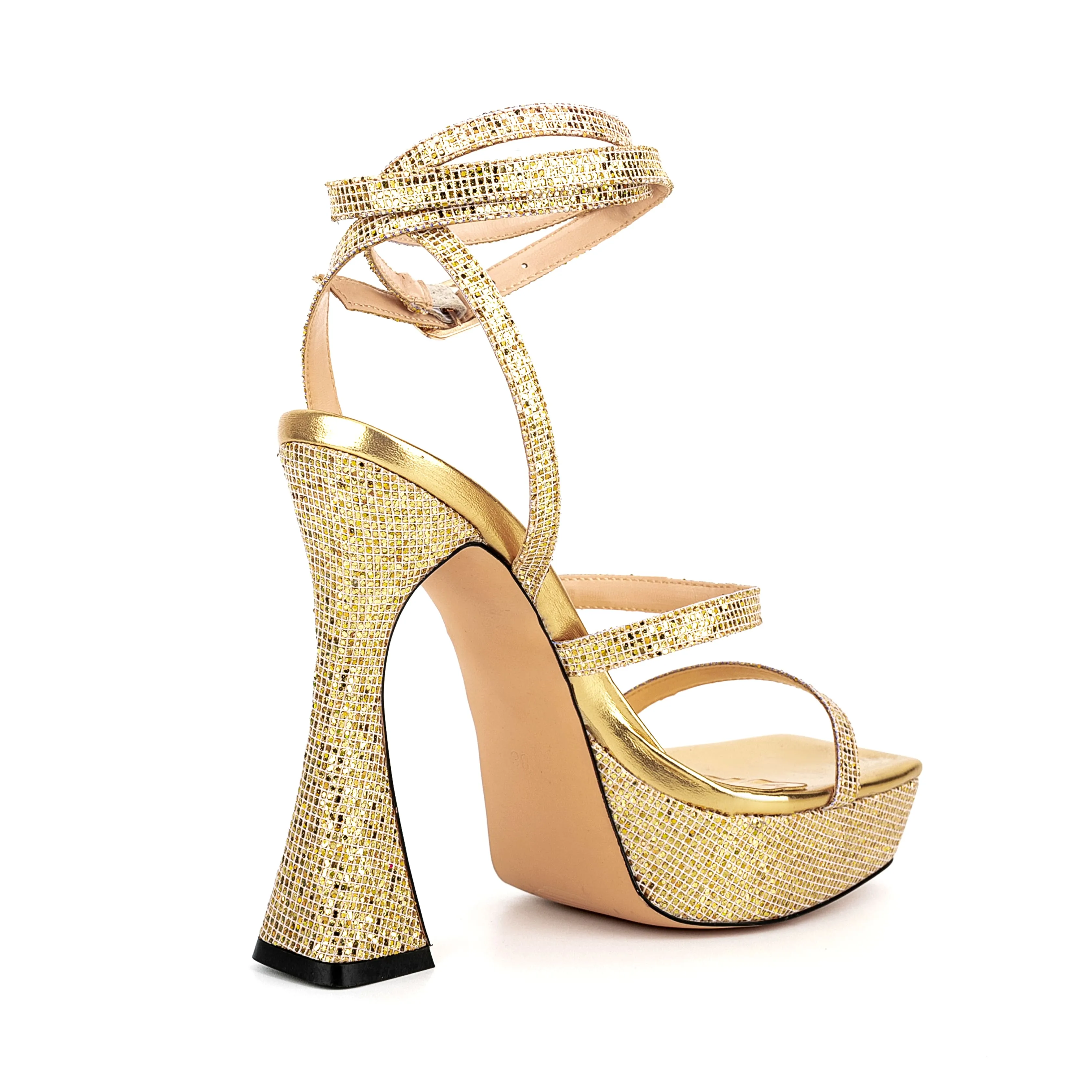 Ankle Strap Sequined Square Toe Platform Flared Heels