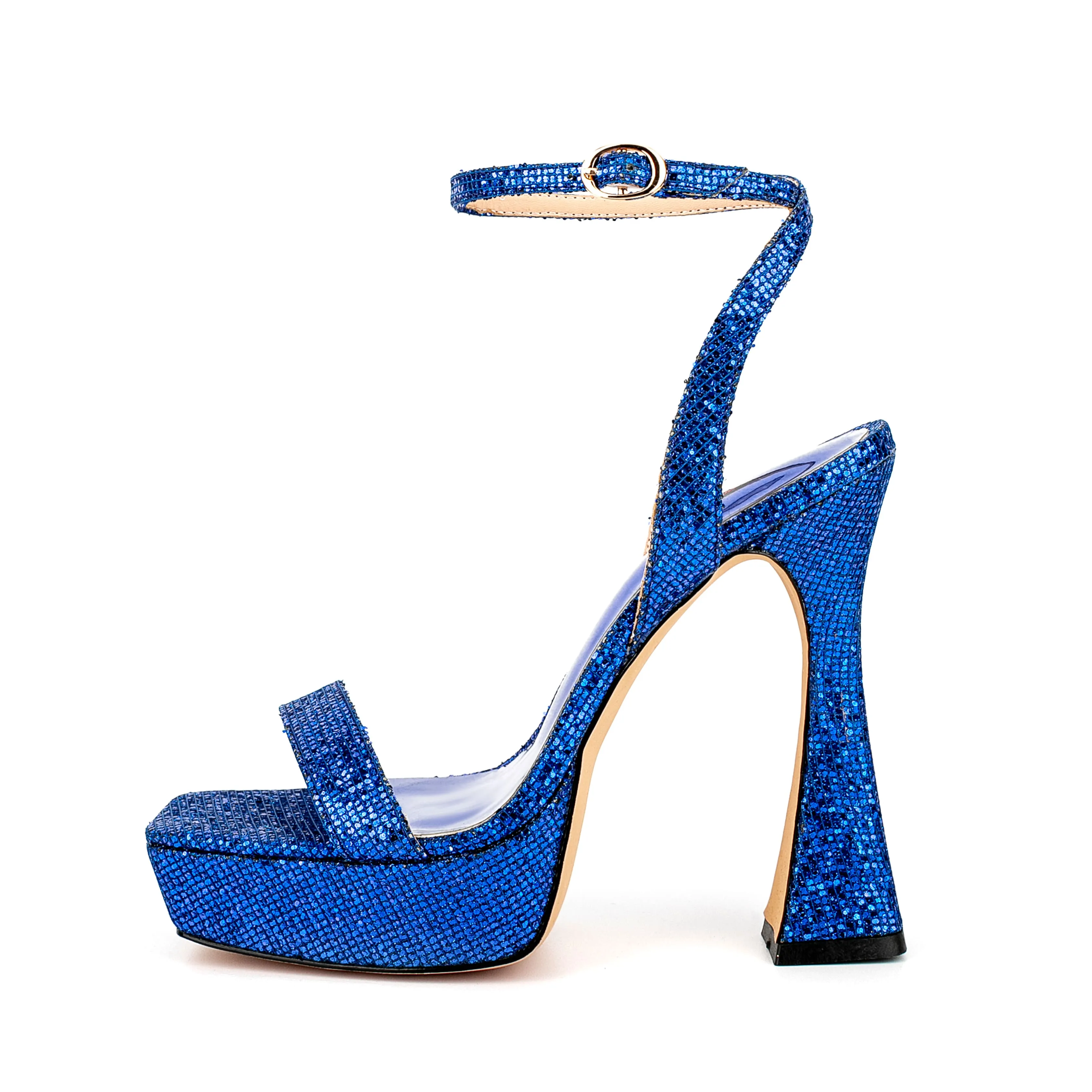 Ankle Strap Sequined Square Toe Platform Flared Heels