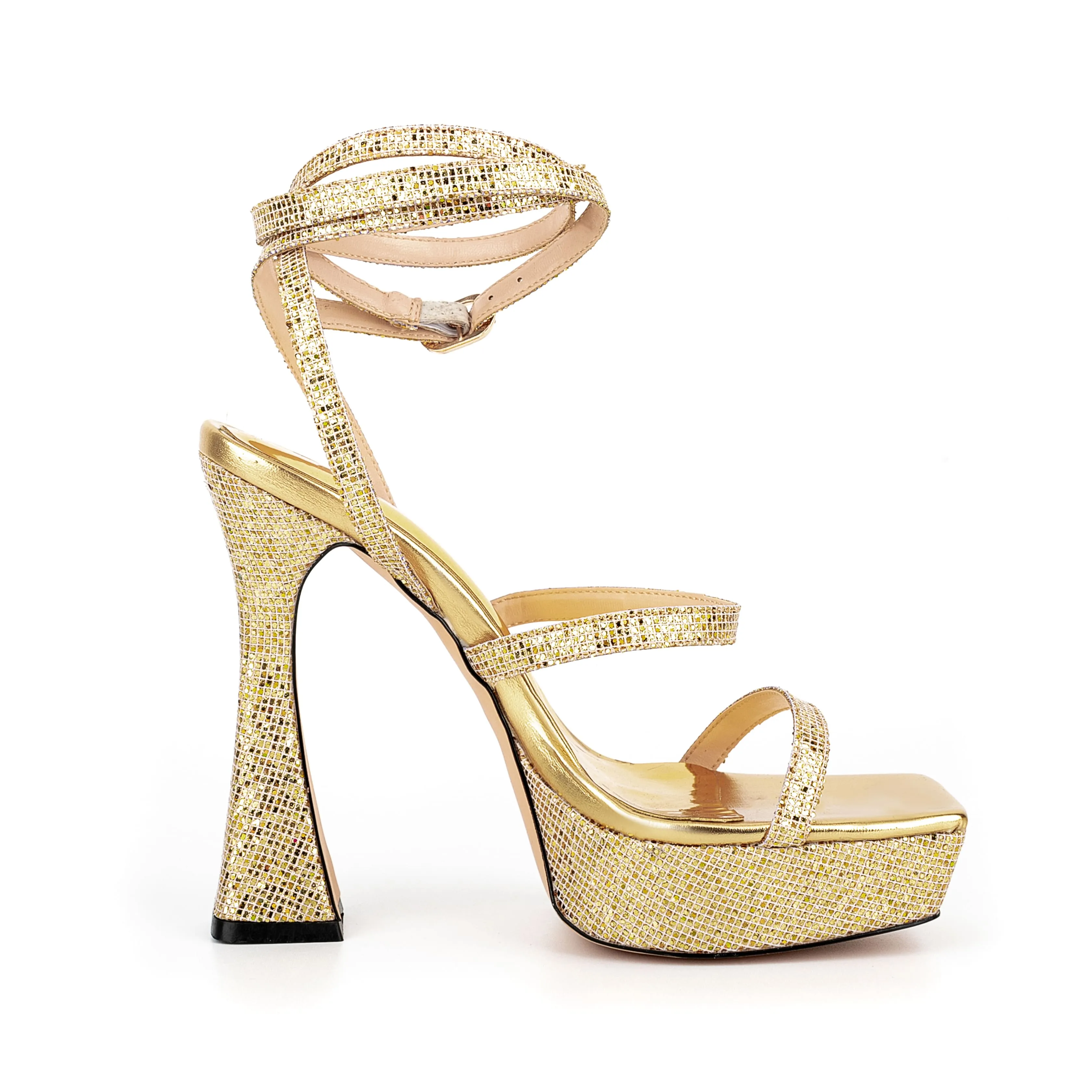 Ankle Strap Sequined Square Toe Platform Flared Heels