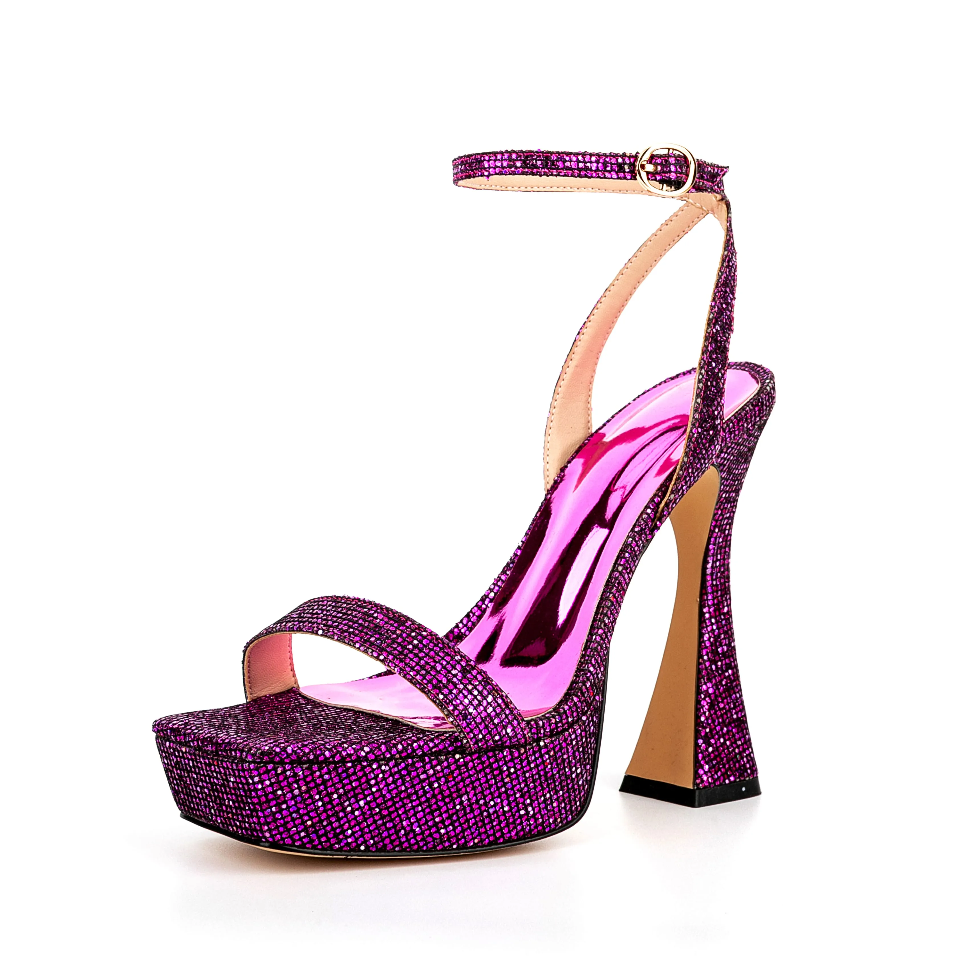 Ankle Strap Sequined Square Toe Platform Flared Heels