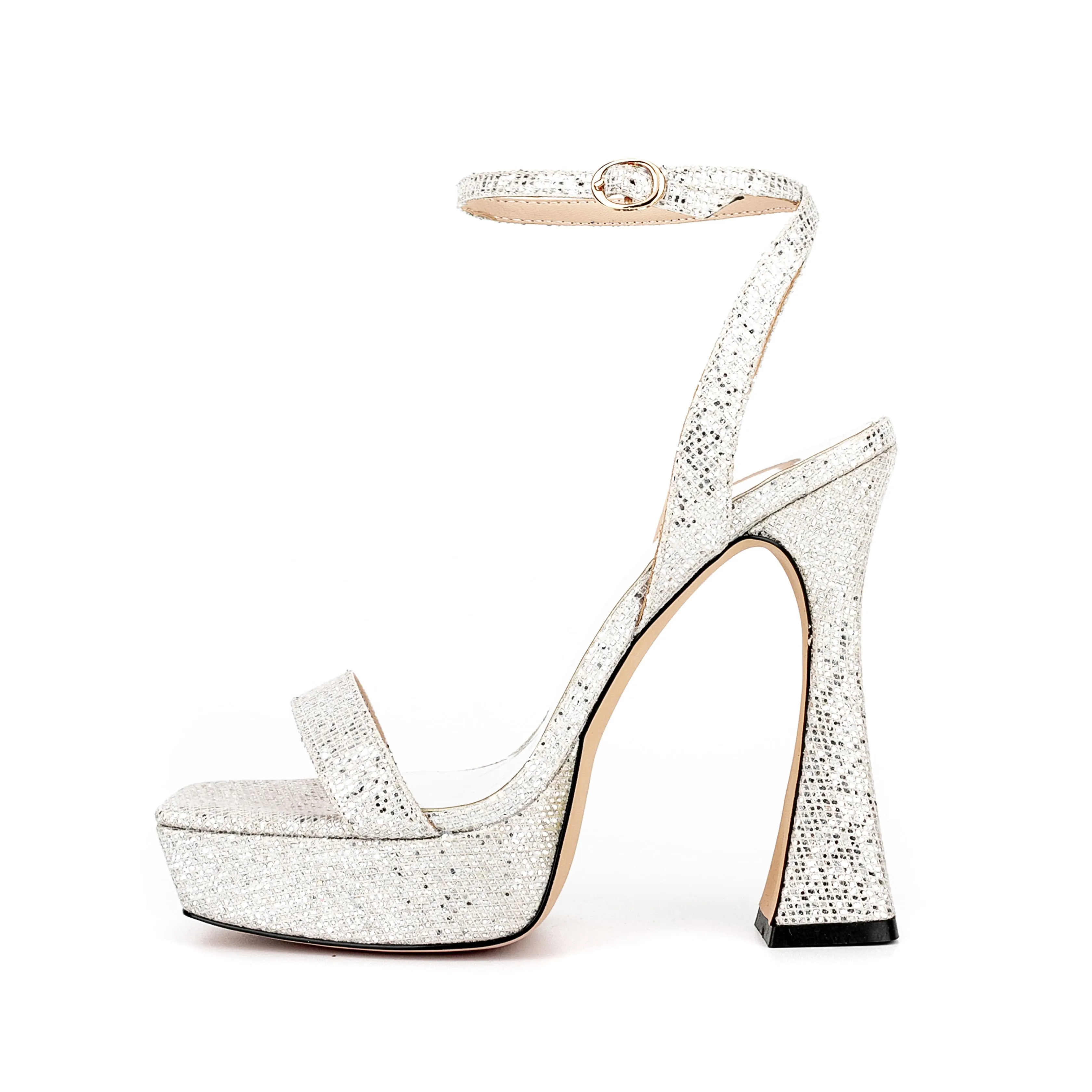Ankle Strap Sequined Square Toe Platform Flared Heels
