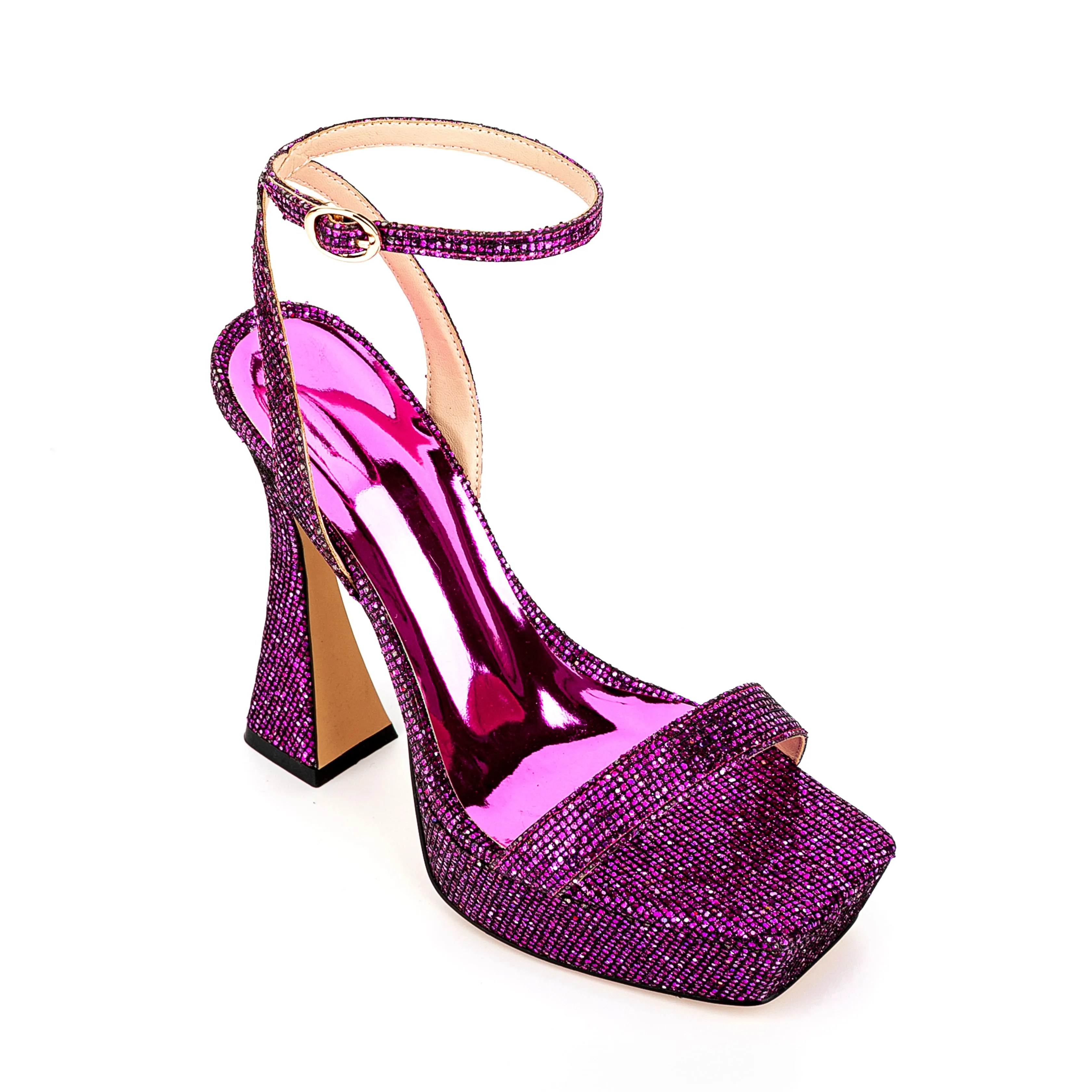 Ankle Strap Sequined Square Toe Platform Flared Heels
