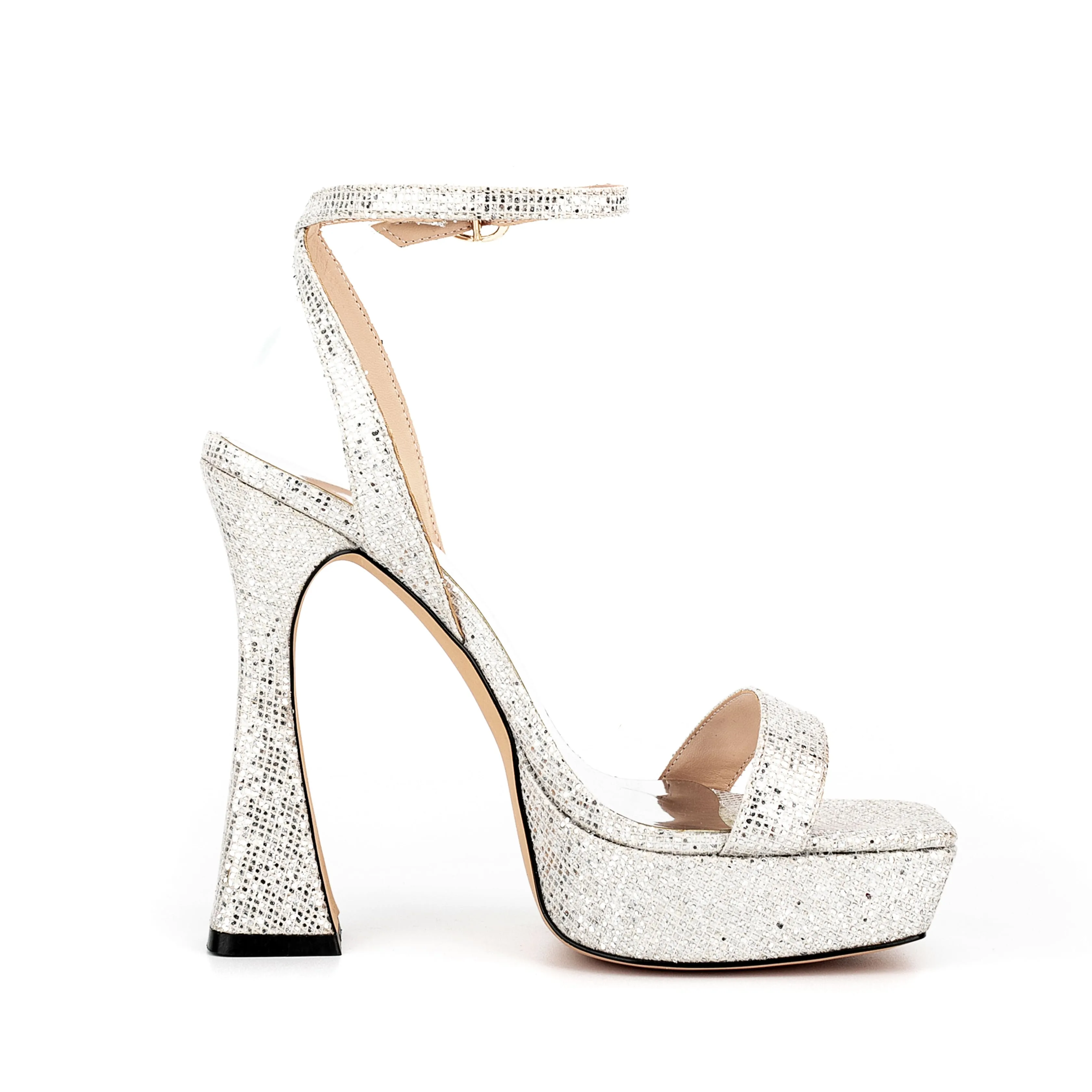 Ankle Strap Sequined Square Toe Platform Flared Heels
