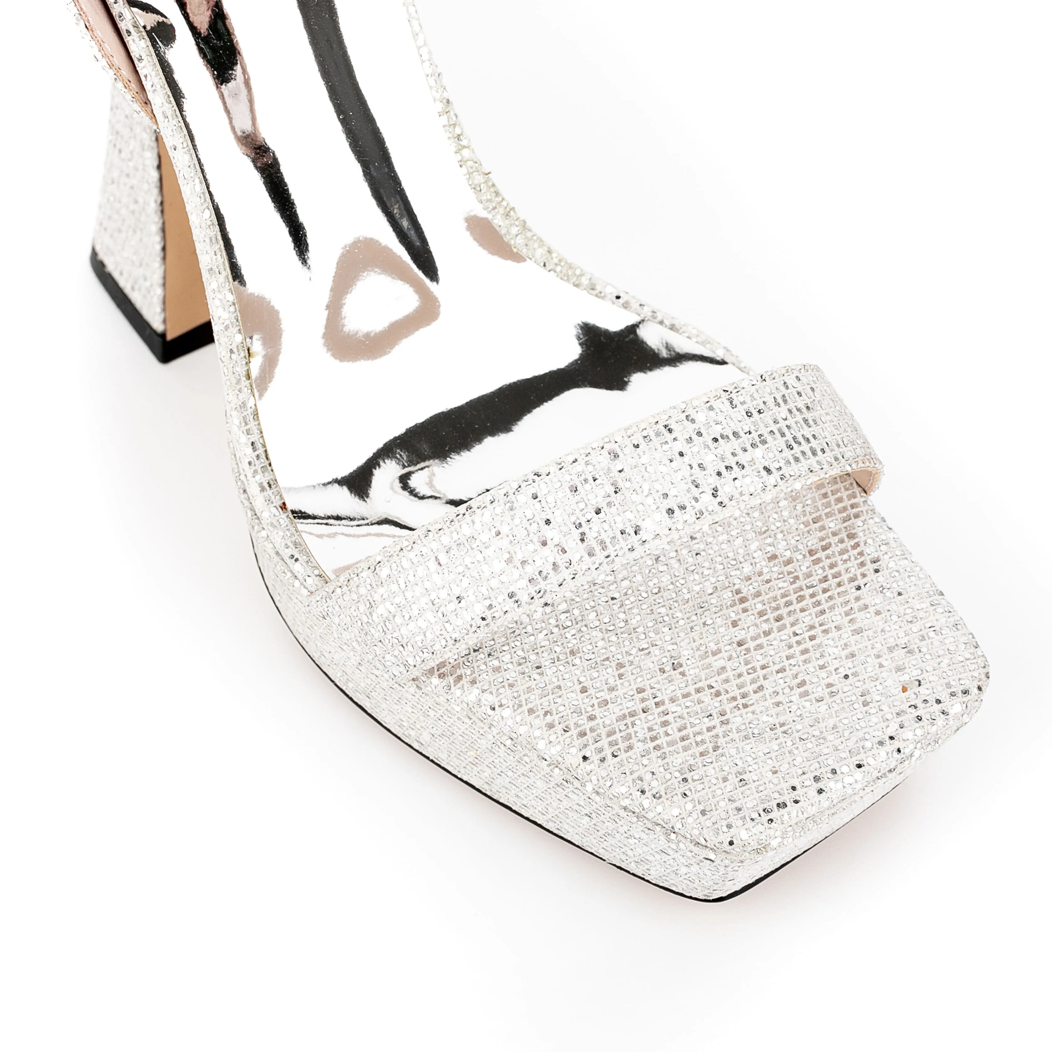 Ankle Strap Sequined Square Toe Platform Flared Heels