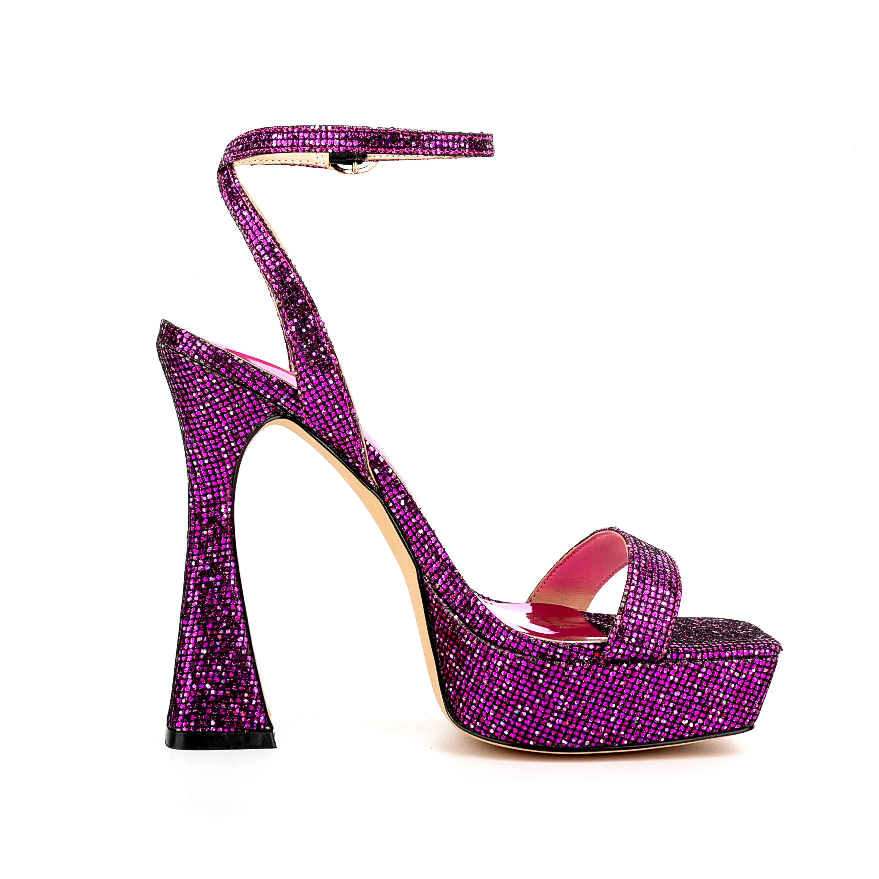 Ankle Strap Sequined Square Toe Platform Flared Heels