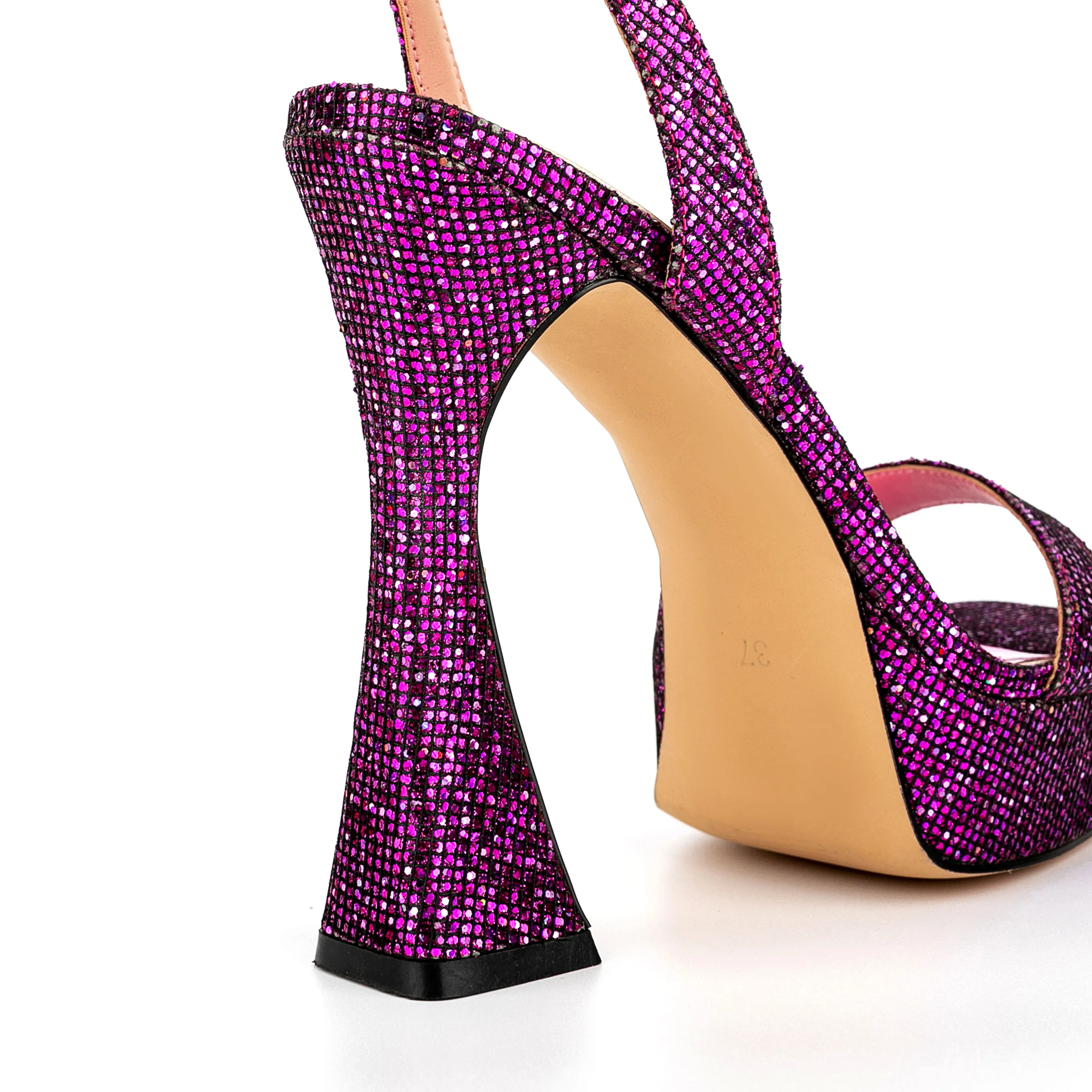 Ankle Strap Sequined Square Toe Platform Flared Heels