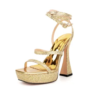Ankle Strap Sequined Square Toe Platform Flared Heels