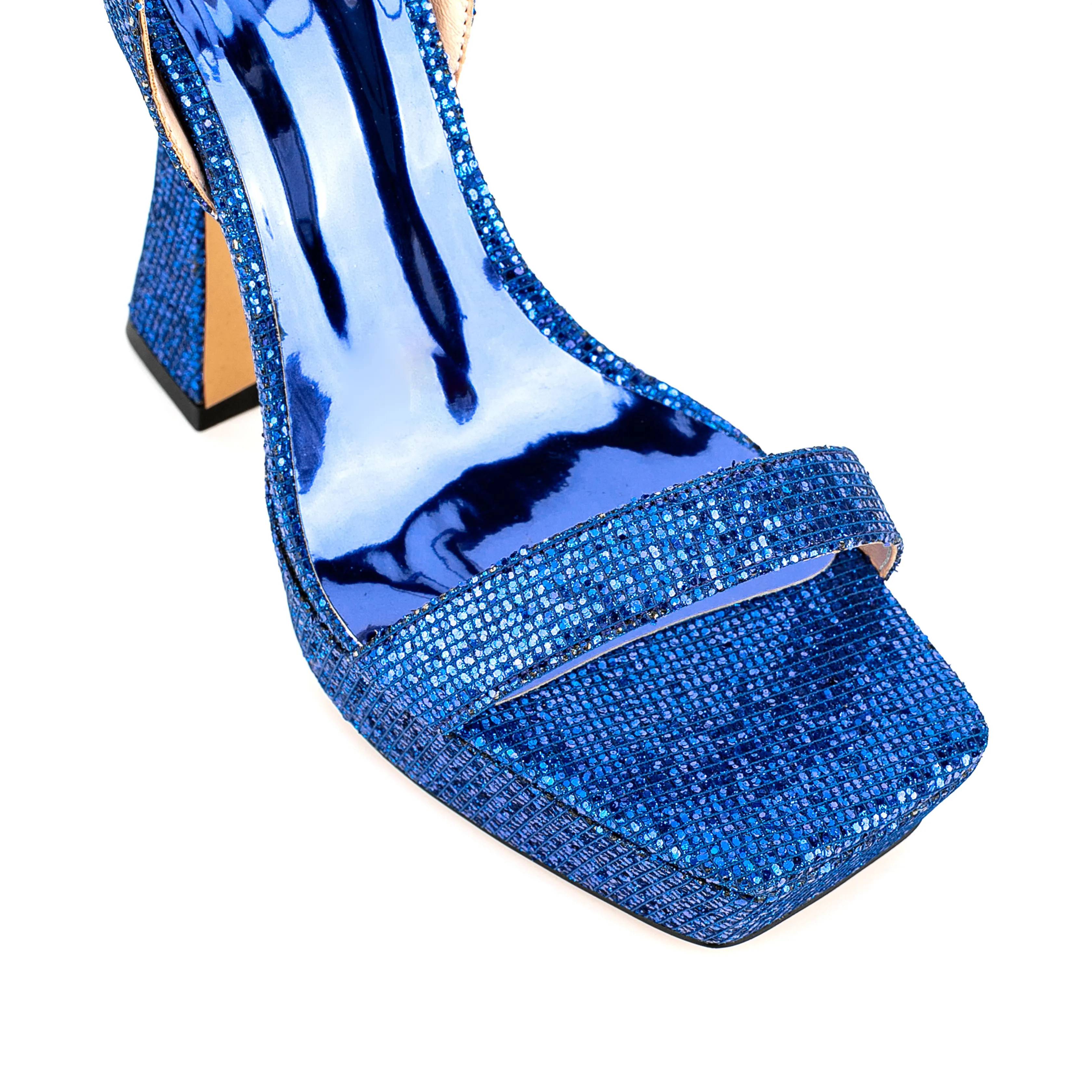 Ankle Strap Sequined Square Toe Platform Flared Heels
