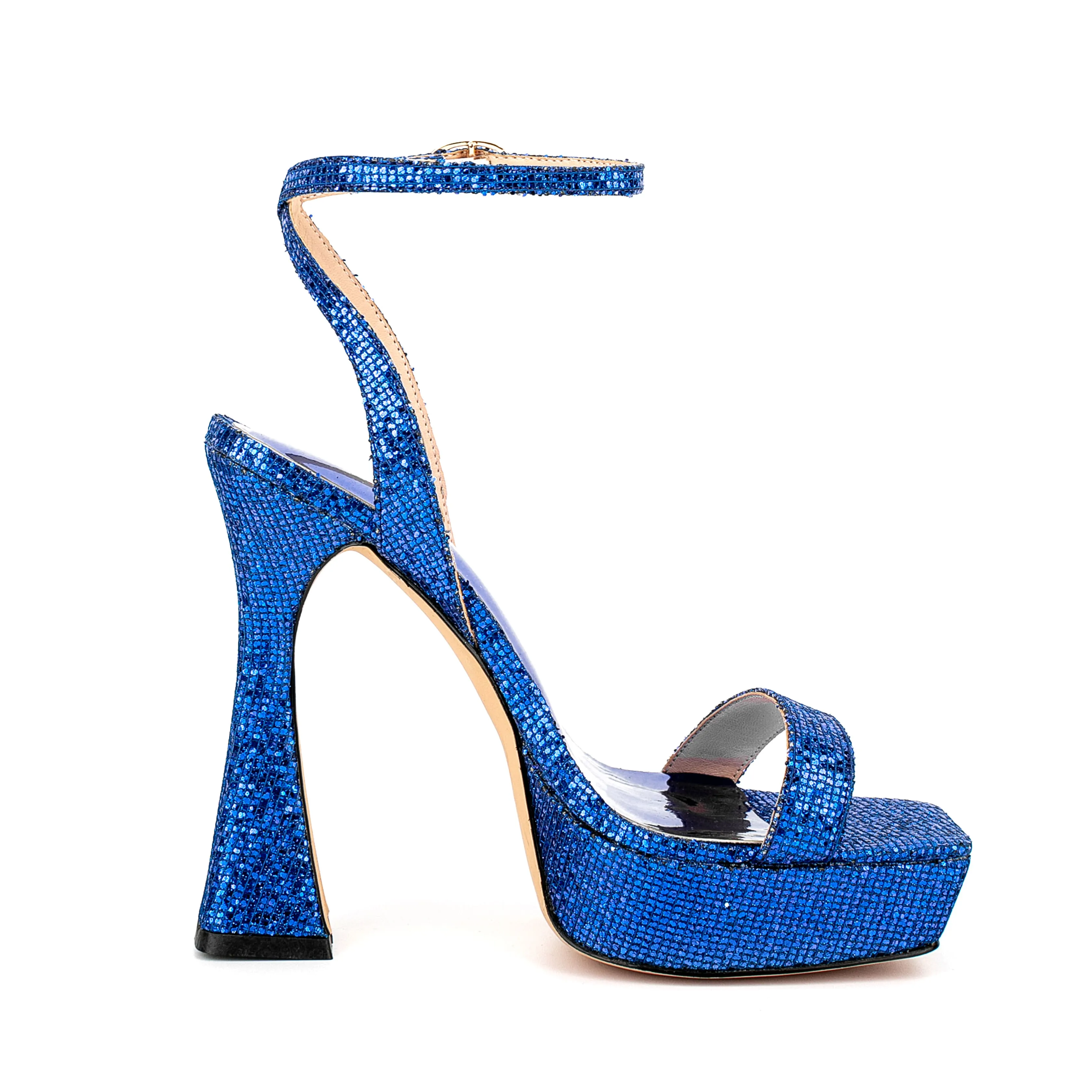 Ankle Strap Sequined Square Toe Platform Flared Heels