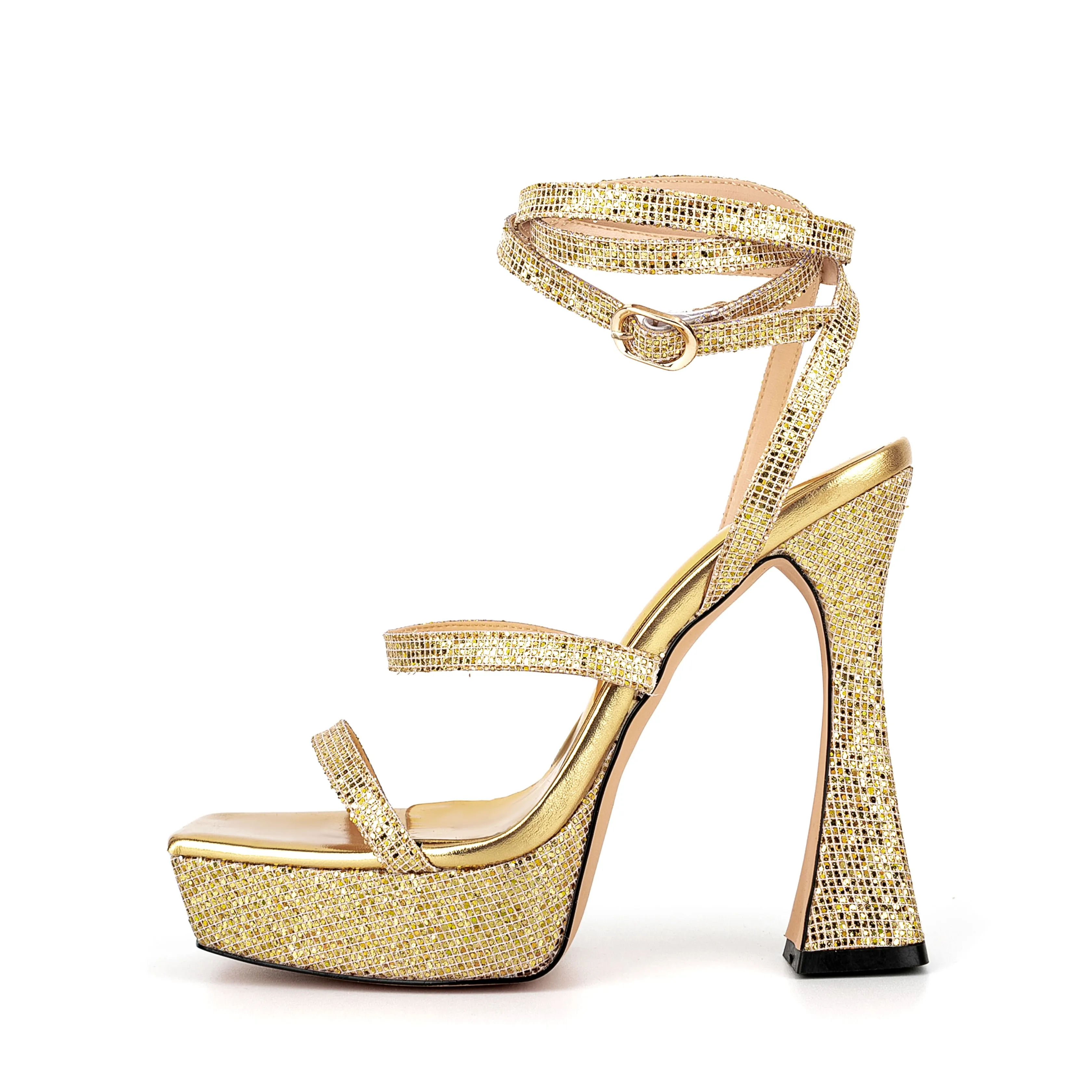 Ankle Strap Sequined Square Toe Platform Flared Heels
