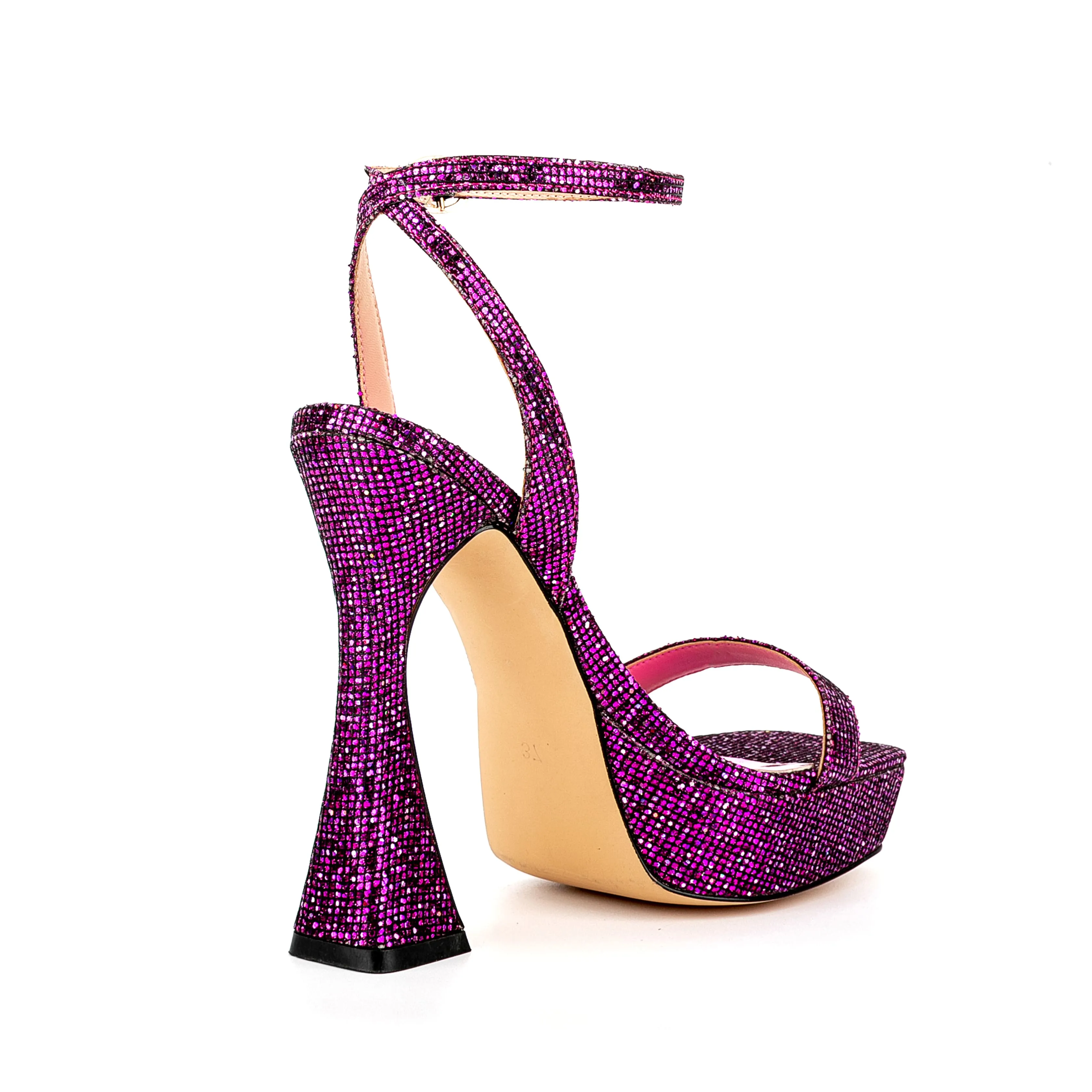 Ankle Strap Sequined Square Toe Platform Flared Heels