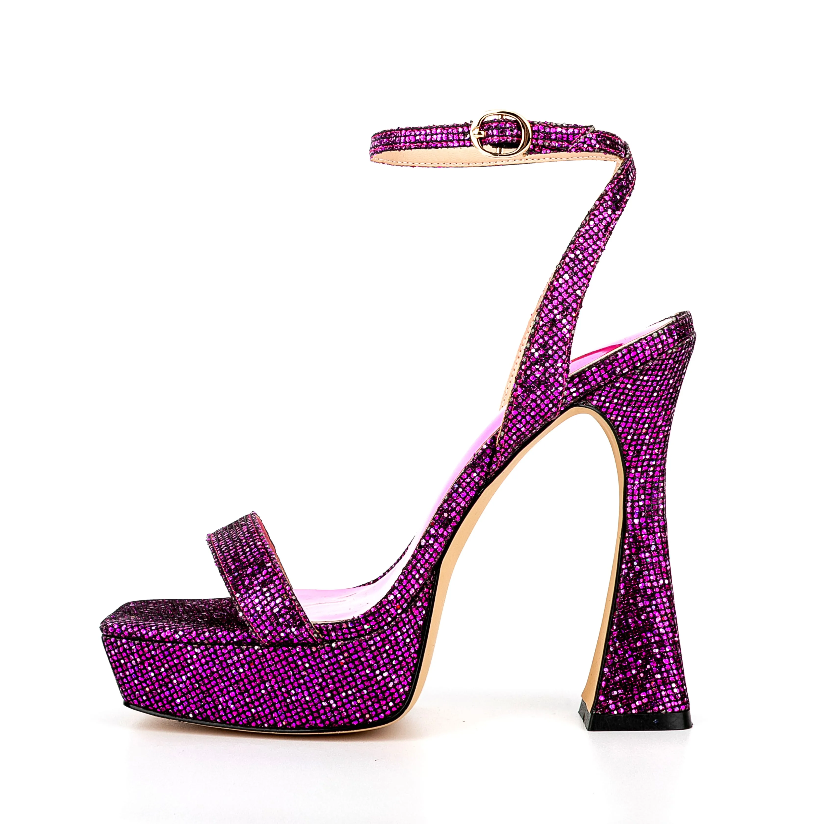 Ankle Strap Sequined Square Toe Platform Flared Heels