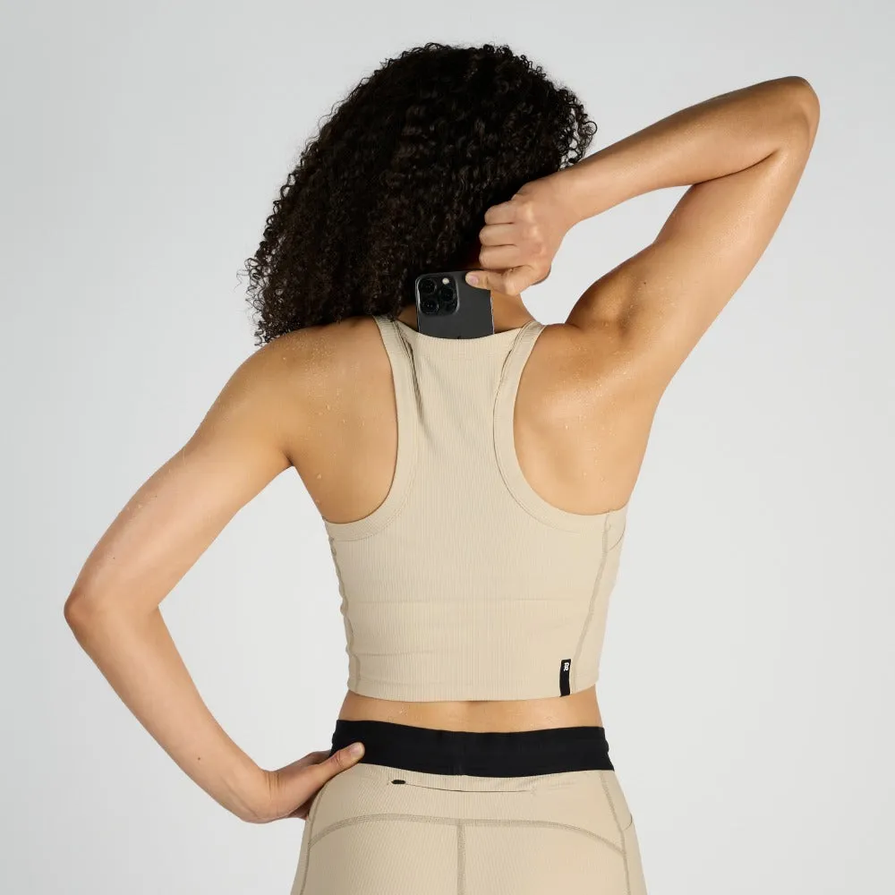 Bandit Running Cadence Scoop Neck Race Crop - Sand