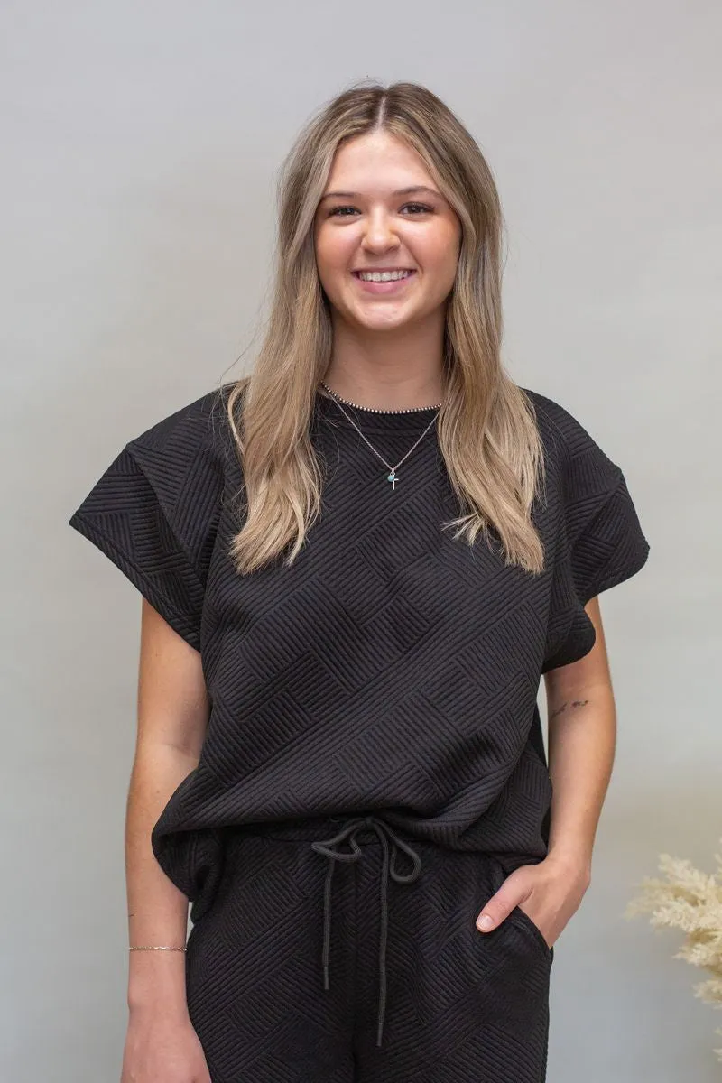 Black Athleisure Woven SS Top
