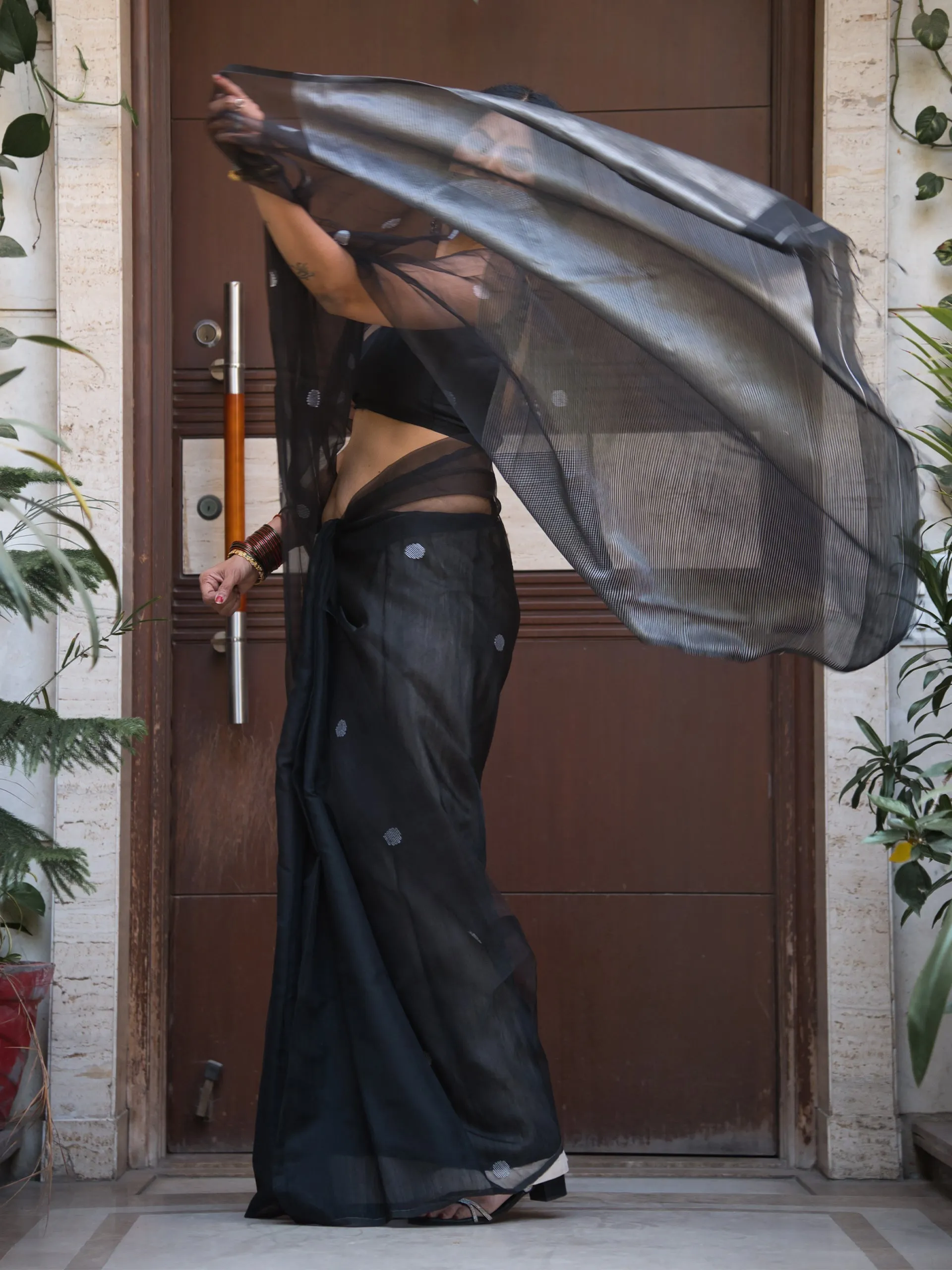 Black with silver Cotton Silk Saree With Plain Black Blouse fabric