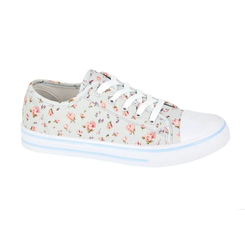 DEK Women's Canvas Lace Up 5 Eye Pump Shoe Light Grey Floral