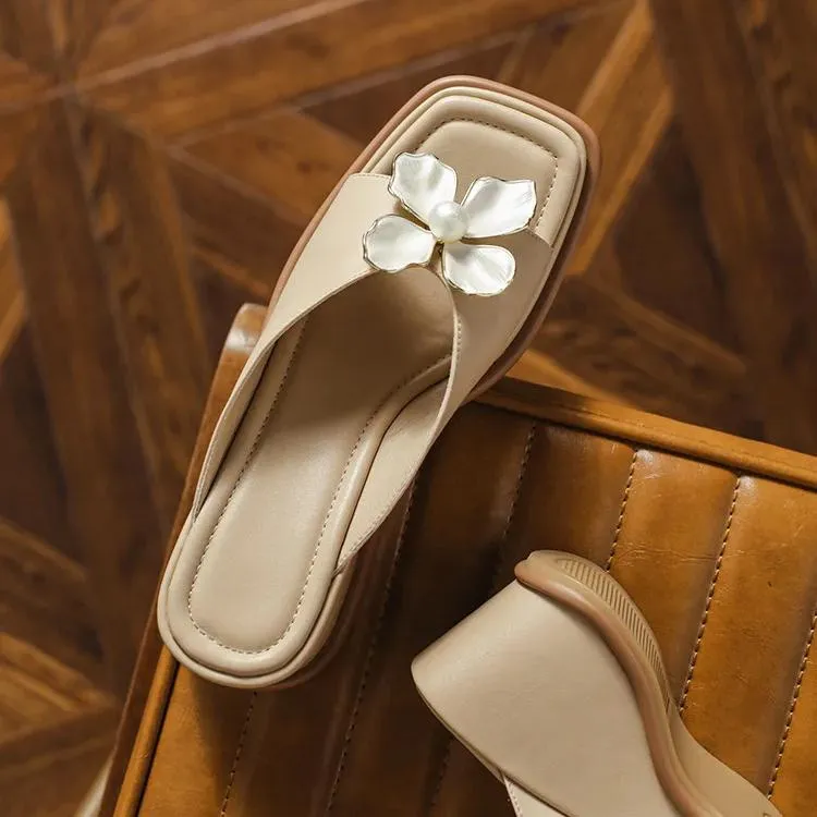 Elegant Pearl Flower High Heel Wedge Slides
