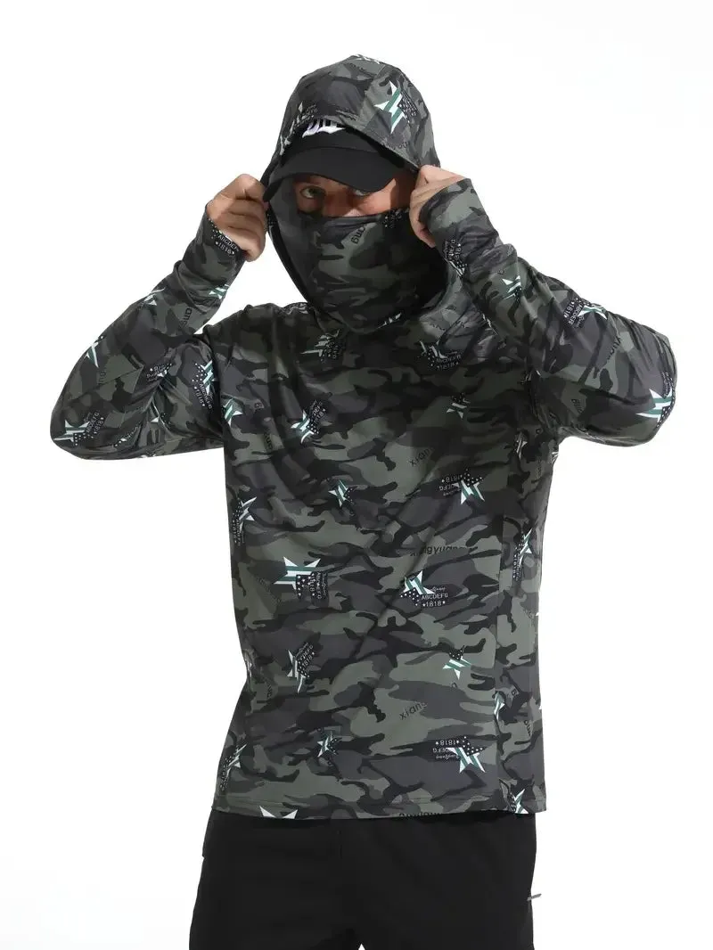 Fishing Shirt Hooded Men Clothing Outdoor Summer Mask Hoodie Sun Uv Protection
