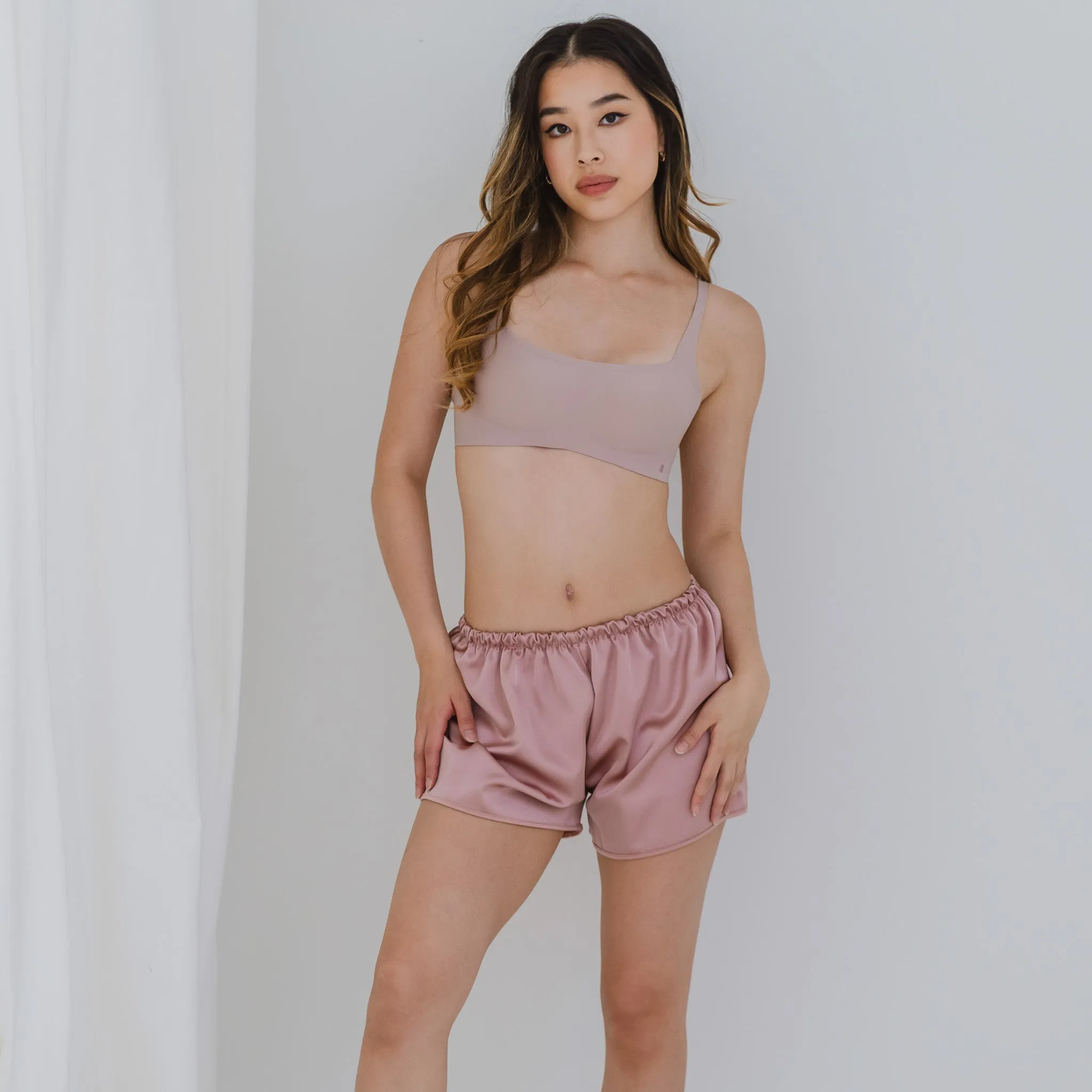 Luxurious Cooling Crease-less Satin Shorts in Shimmering Blush