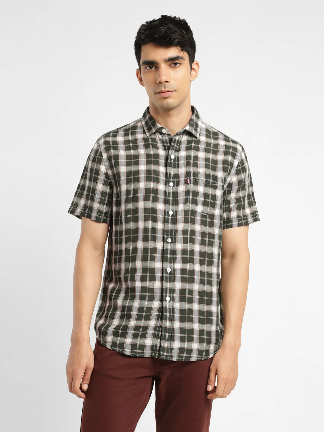 Men's Checkered Spread Collar Linen Shirt
