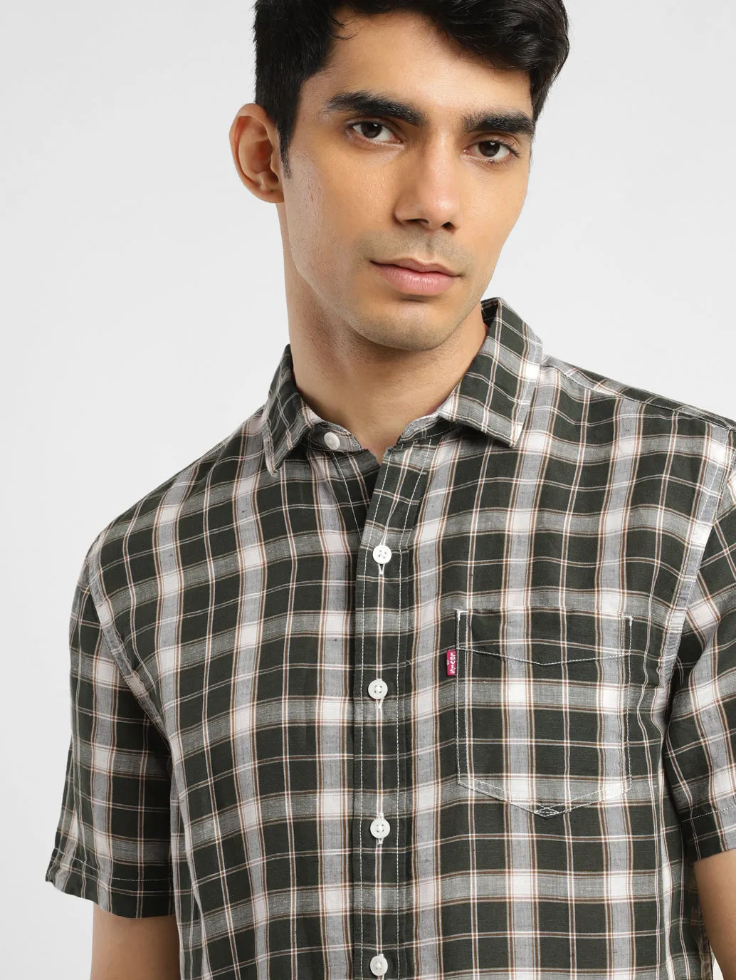 Men's Checkered Spread Collar Linen Shirt