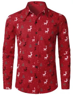 Men's Christmas Tree Elk Print Breathable Red Long Sleeve Shirt