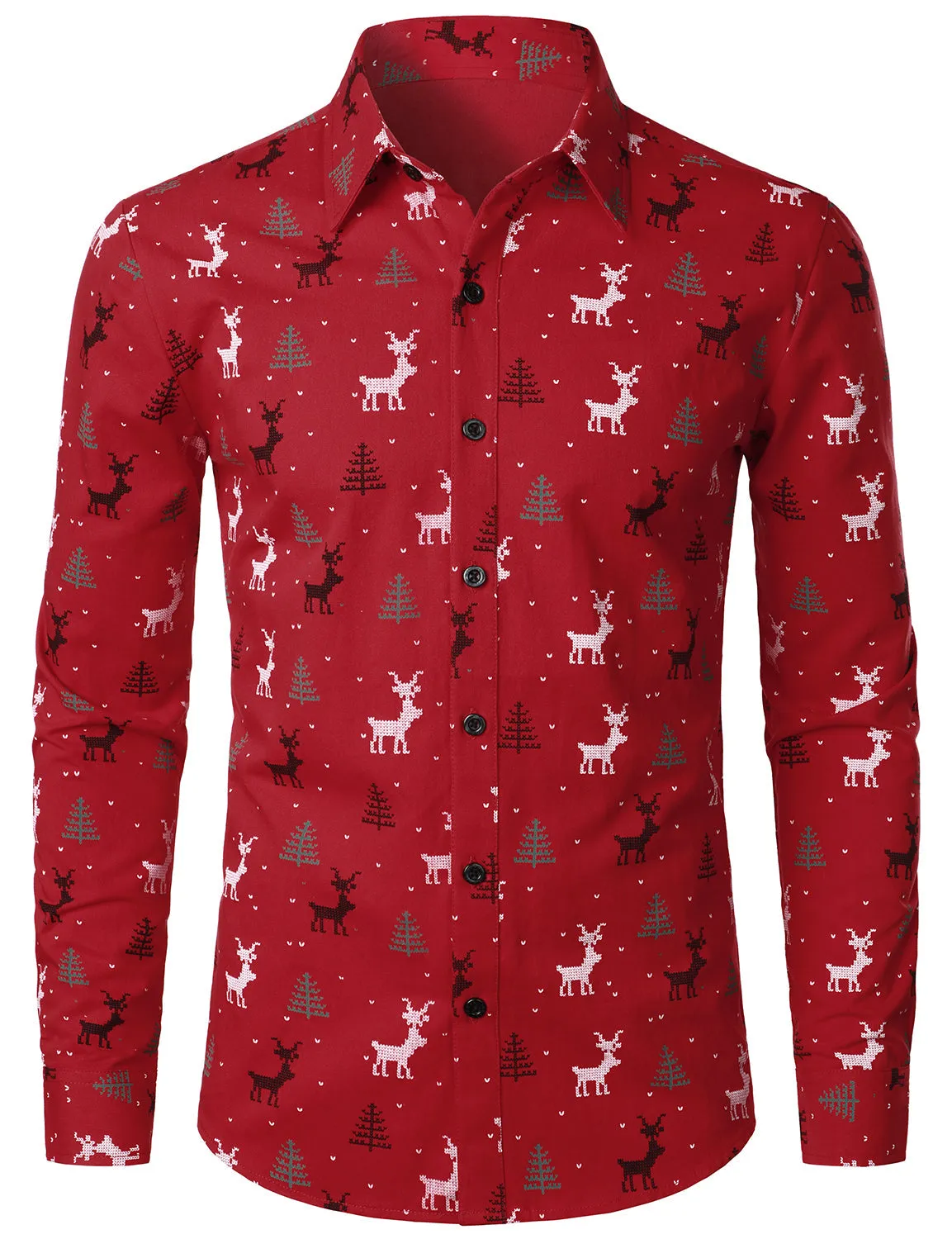Men's Christmas Tree Elk Print Breathable Red Long Sleeve Shirt
