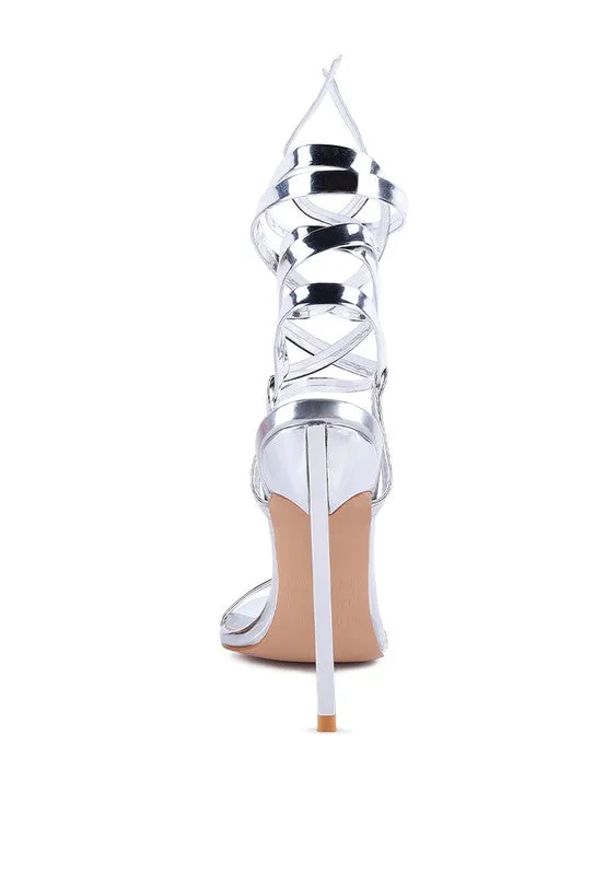 Metallic Stiletto Lace Up Sandals