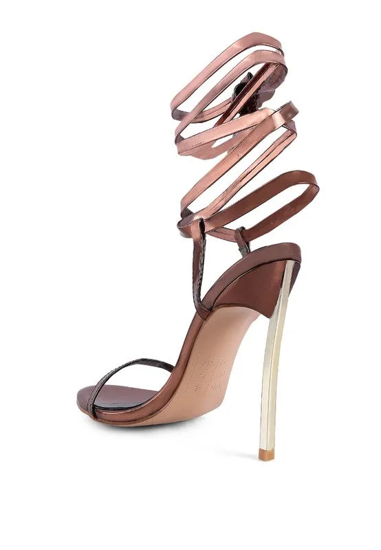Metallic Stiletto Lace Up Sandals