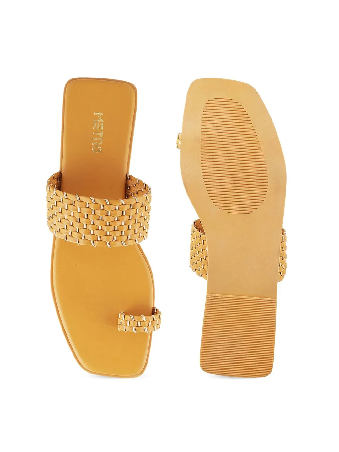 Metro Women Yellow Woven Design One Toe Flats