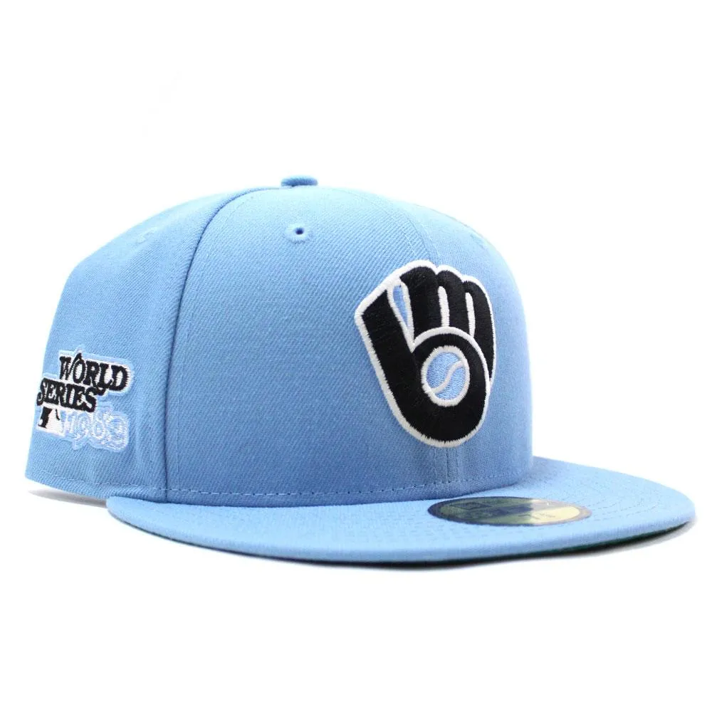 Milwaukee Brewers 1982 World Series New Era 59Fifty Fitted Hat V4 (Glow in the Dark Sky Blue Black Glow in the Dark Logo Green Under Brim)