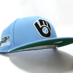 Milwaukee Brewers 1982 World Series New Era 59Fifty Fitted Hat V4 (Glow in the Dark Sky Blue Black Glow in the Dark Logo Green Under Brim)
