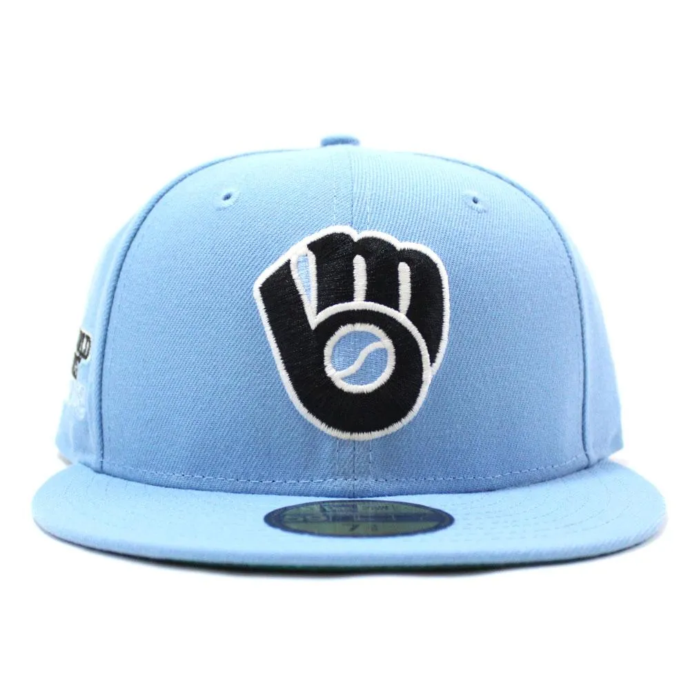 Milwaukee Brewers 1982 World Series New Era 59Fifty Fitted Hat V4 (Glow in the Dark Sky Blue Black Glow in the Dark Logo Green Under Brim)