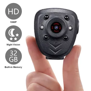 Mini Body Camera HD1080P Video Recorder Built-in 32GB Memory Card, Wearable Police Cam with Night Vision, Pocket Clip for Office, Law Enforcement, Security Guard, Home, Car, Bike, Hiking