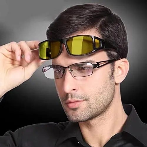 NEW FEISEDY Fit over Anti-Glare Polarized Wrap Sunglasses Night Driving Rectangular Yellow Sunglasses Over Glasses for Men
