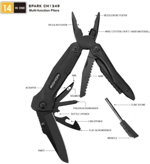 New ROXON CM1349 Spark Survival Multitool Plier, 14-in-1 Multitools Folding Plier, Multipurpose Outdoor Survival Portable Multi Tool Set