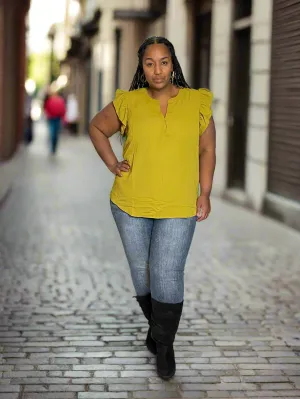 Olive Mustard Woven Ruffle Sleeve High Low Top