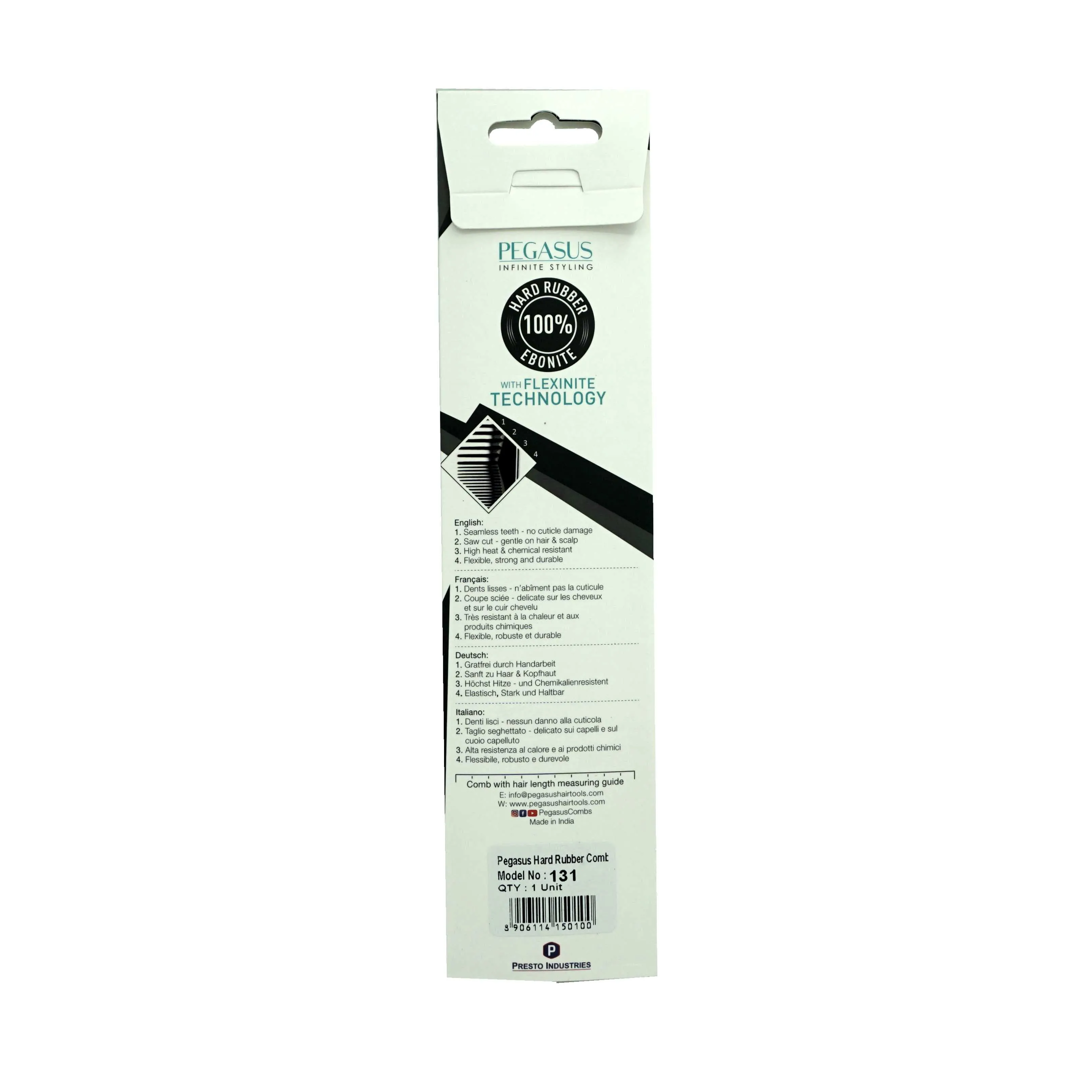 Pegasus 131, 8.5in Hard Rubber Fine Tooth Rat Tail Comb with Sectioning, Smooth Edges, Anti Static, Heat and Chemically Resistant, Great for Parting, Coloring Hair | Peines de goma dura - Black