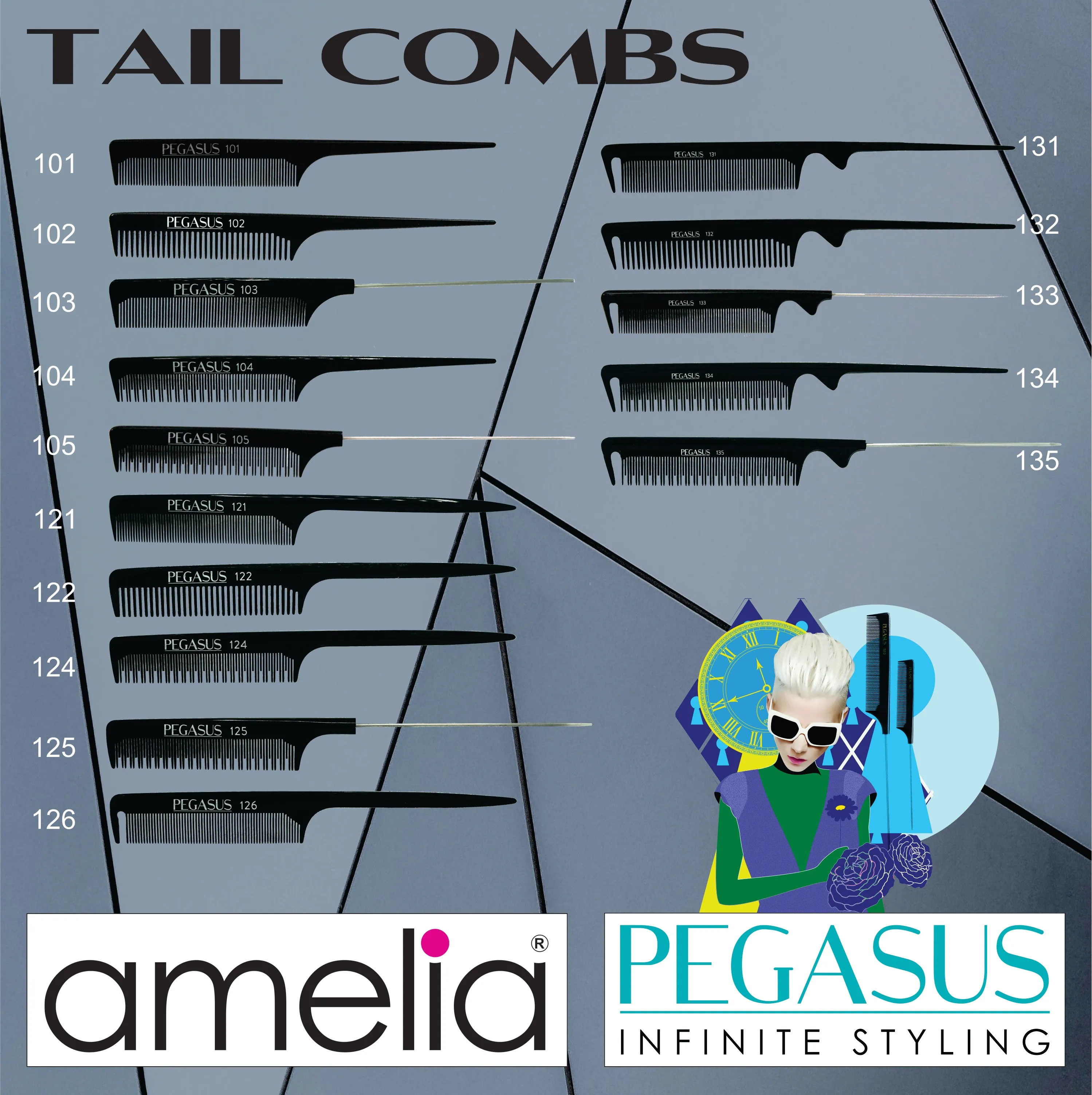 Pegasus 131, 8.5in Hard Rubber Fine Tooth Rat Tail Comb with Sectioning, Smooth Edges, Anti Static, Heat and Chemically Resistant, Great for Parting, Coloring Hair | Peines de goma dura - Black