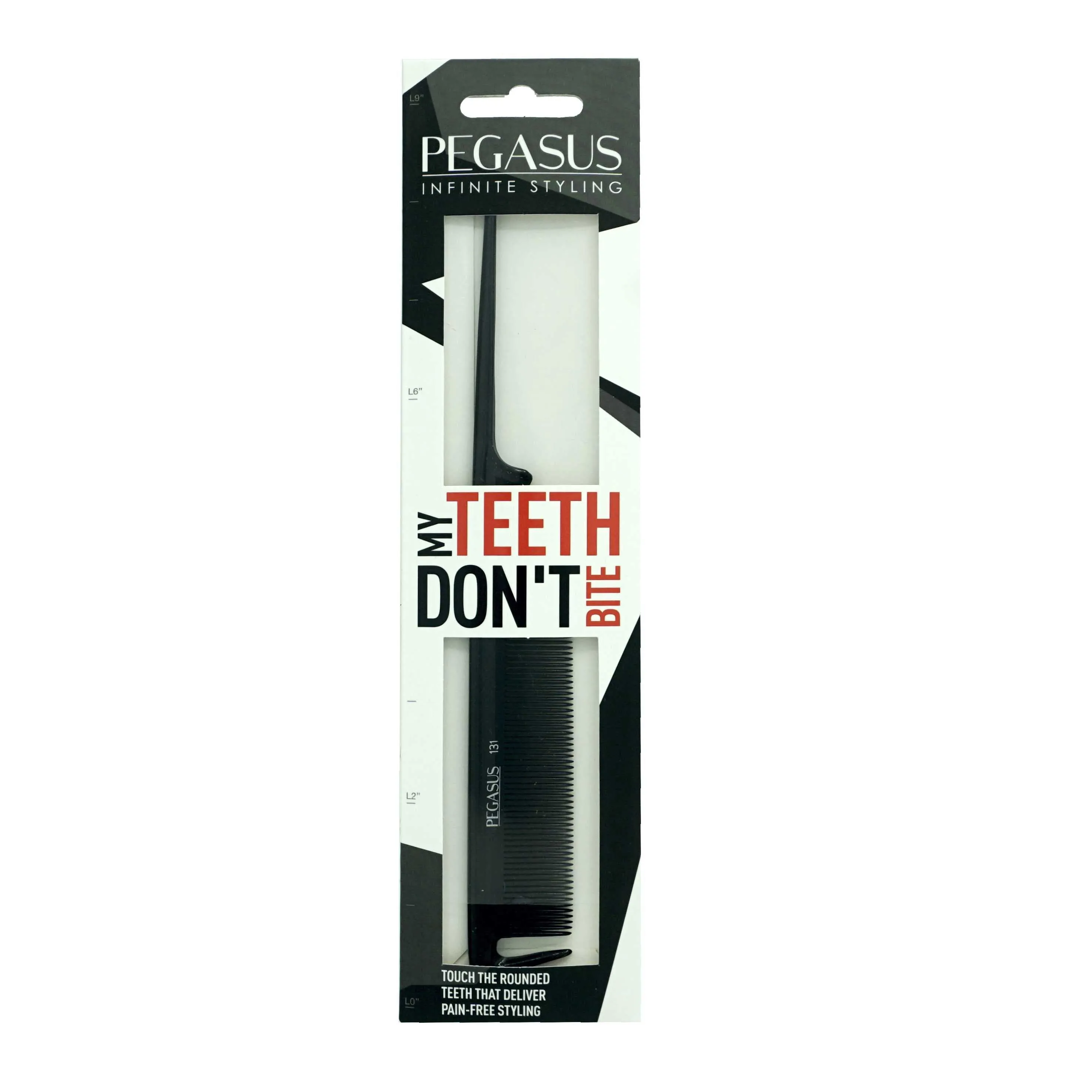 Pegasus 131, 8.5in Hard Rubber Fine Tooth Rat Tail Comb with Sectioning, Smooth Edges, Anti Static, Heat and Chemically Resistant, Great for Parting, Coloring Hair | Peines de goma dura - Black