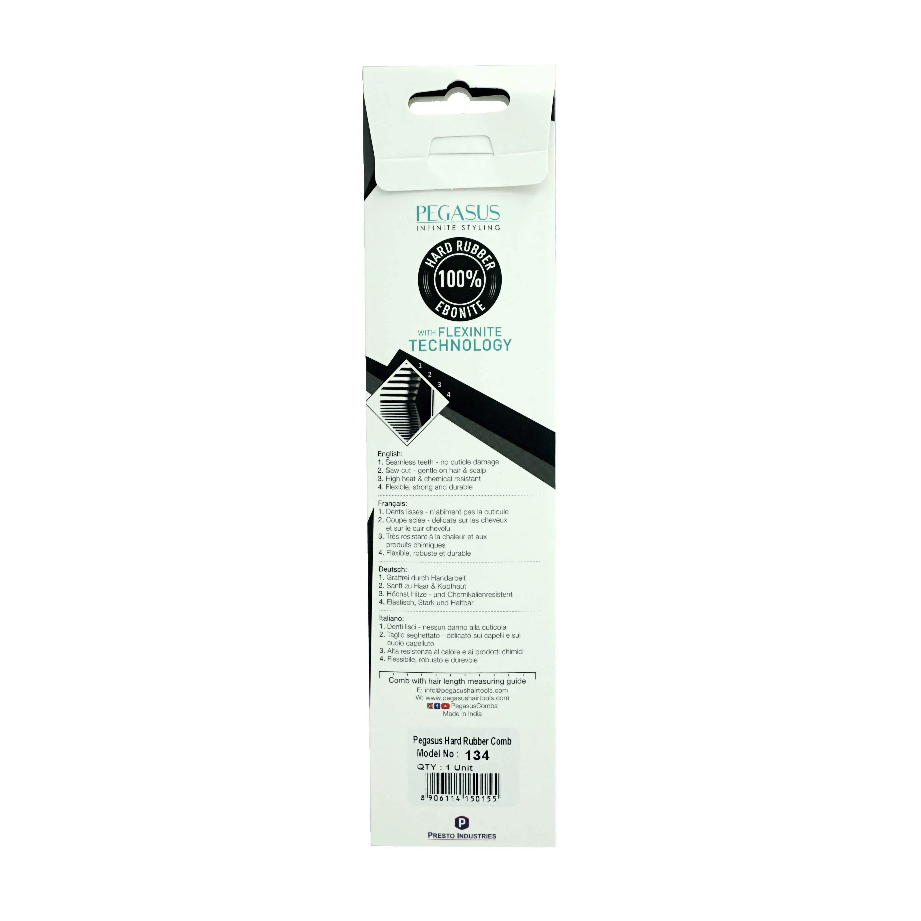 Pegasus 134, 8.5in Hard Rubber Rat Tail Tease Comb with Sectioning, Seamless, Smooth Edges, Anti Static, Heat and Chemically Resistant, Great for Parting, Coloring Hair | Peines de goma dura - Black
