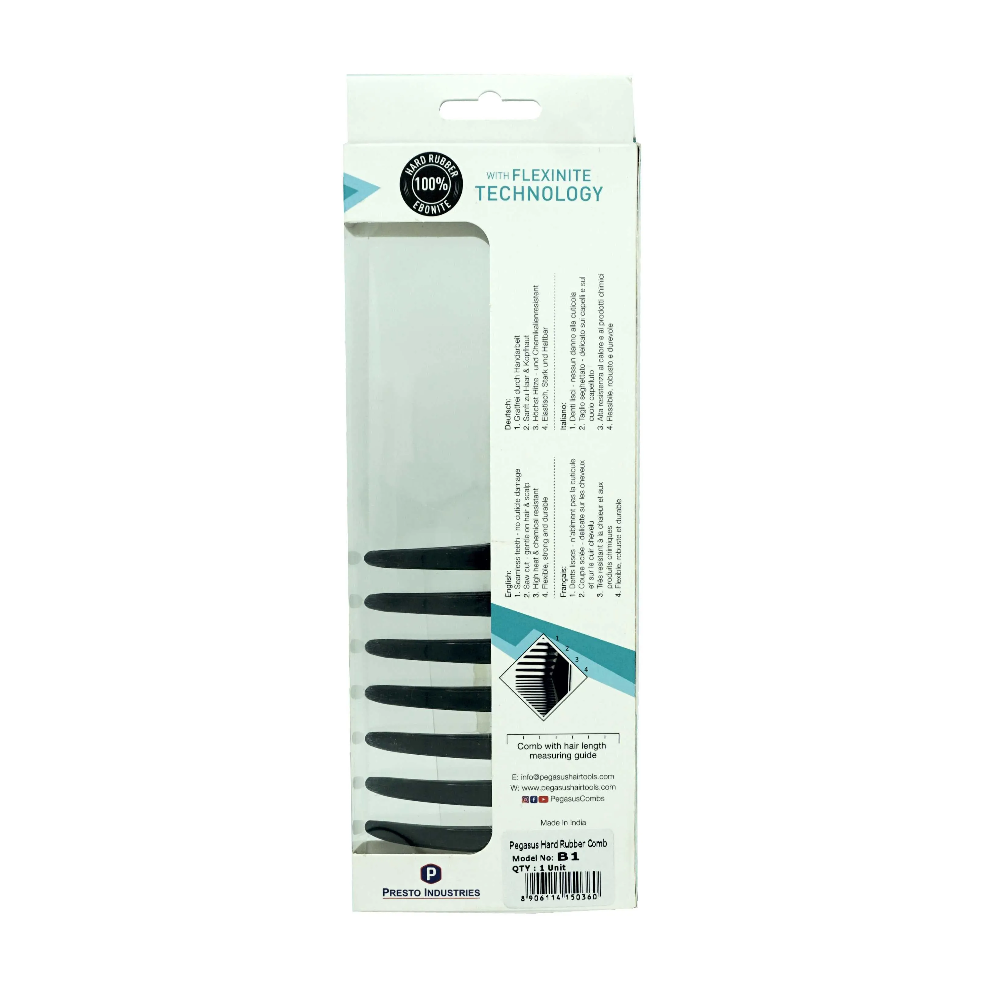 Pegasus 511_B1, 9in Curved Blow Dry Styler Comb, Handmade, Seamless, Smooth Edges, Anti Static, Heat and Chemically Resistant, Wet Hair, Everyday Grooming Comb | Peines de goma dura - Black