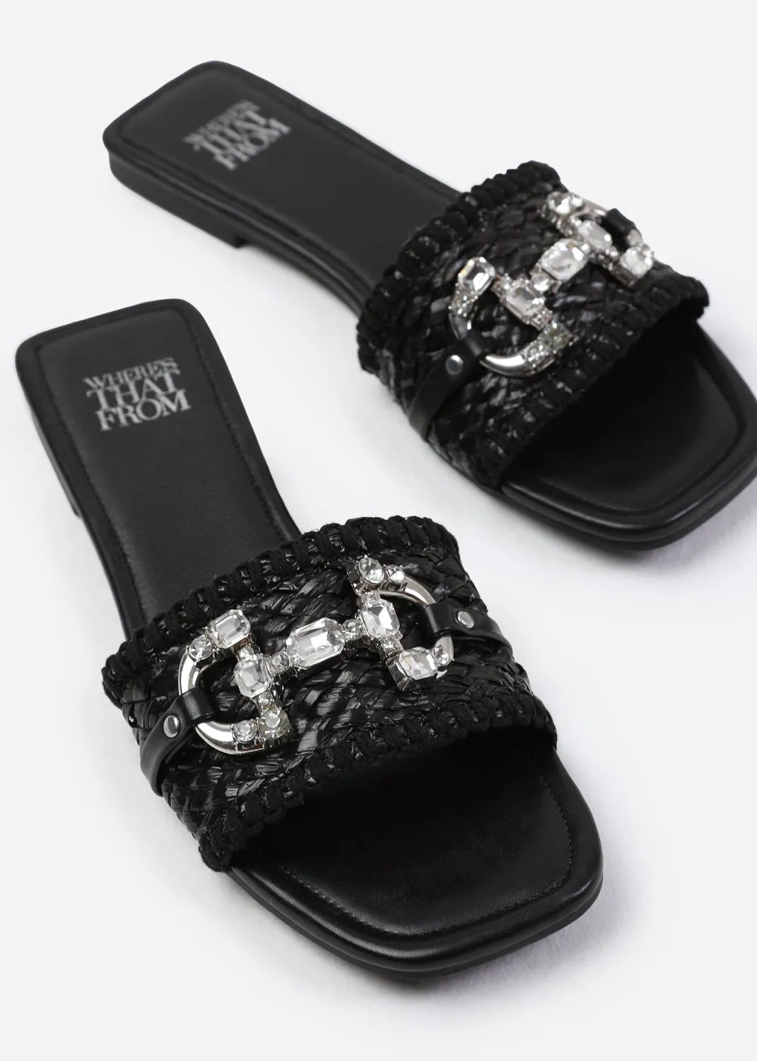 SARAH JEWEL DETAIL FLAT SANDALS IN BLACK RAFFIA