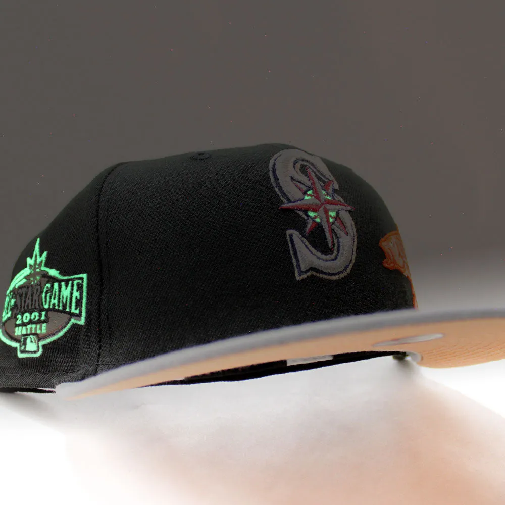 Seattle Mariners 2001 All Star Game New Era 59Fifty Fitted Hat (Glow in the Dark Black Gray Peach Under Brim)