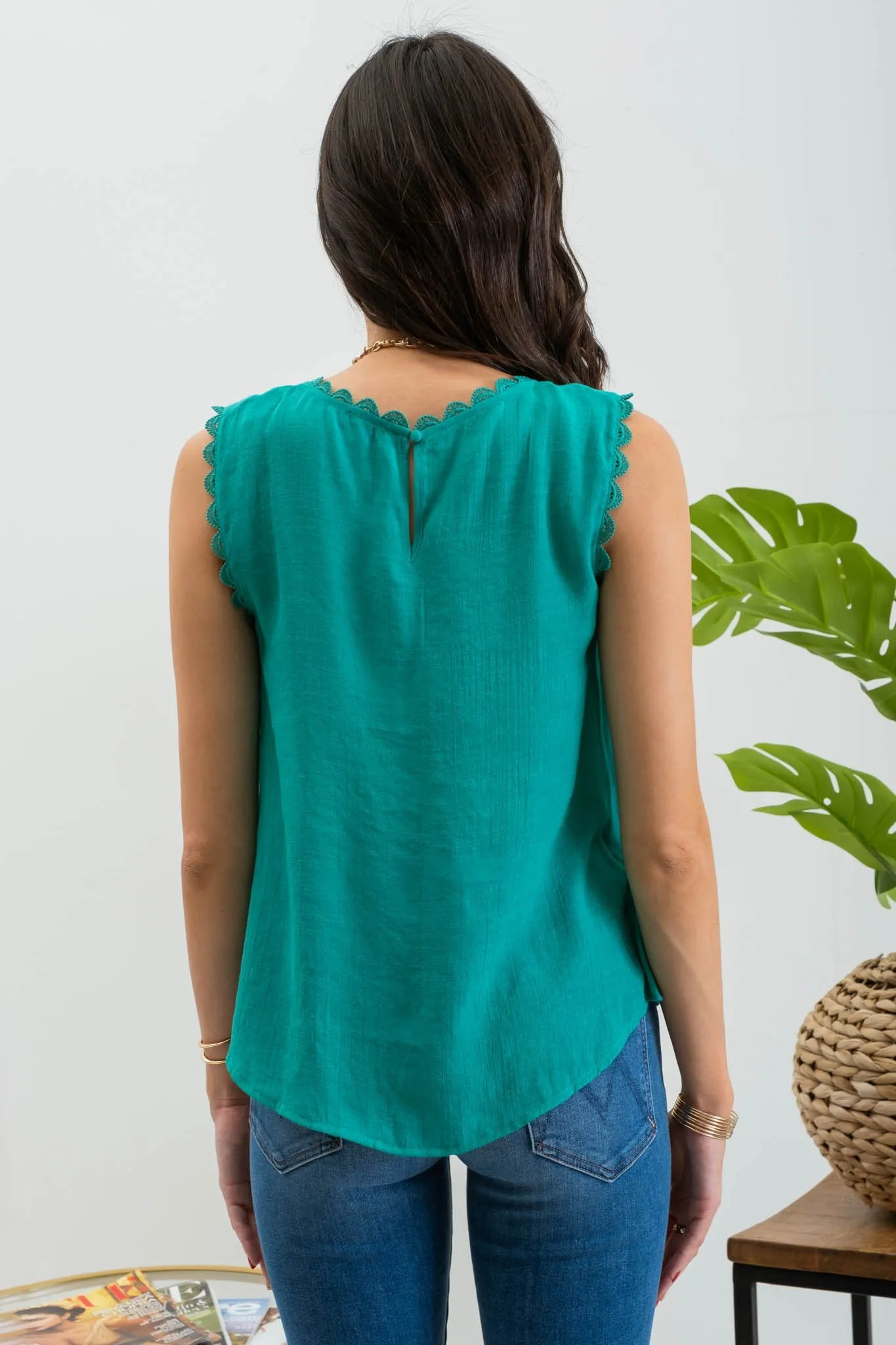Sleeveless Lace Edge Woven Top
