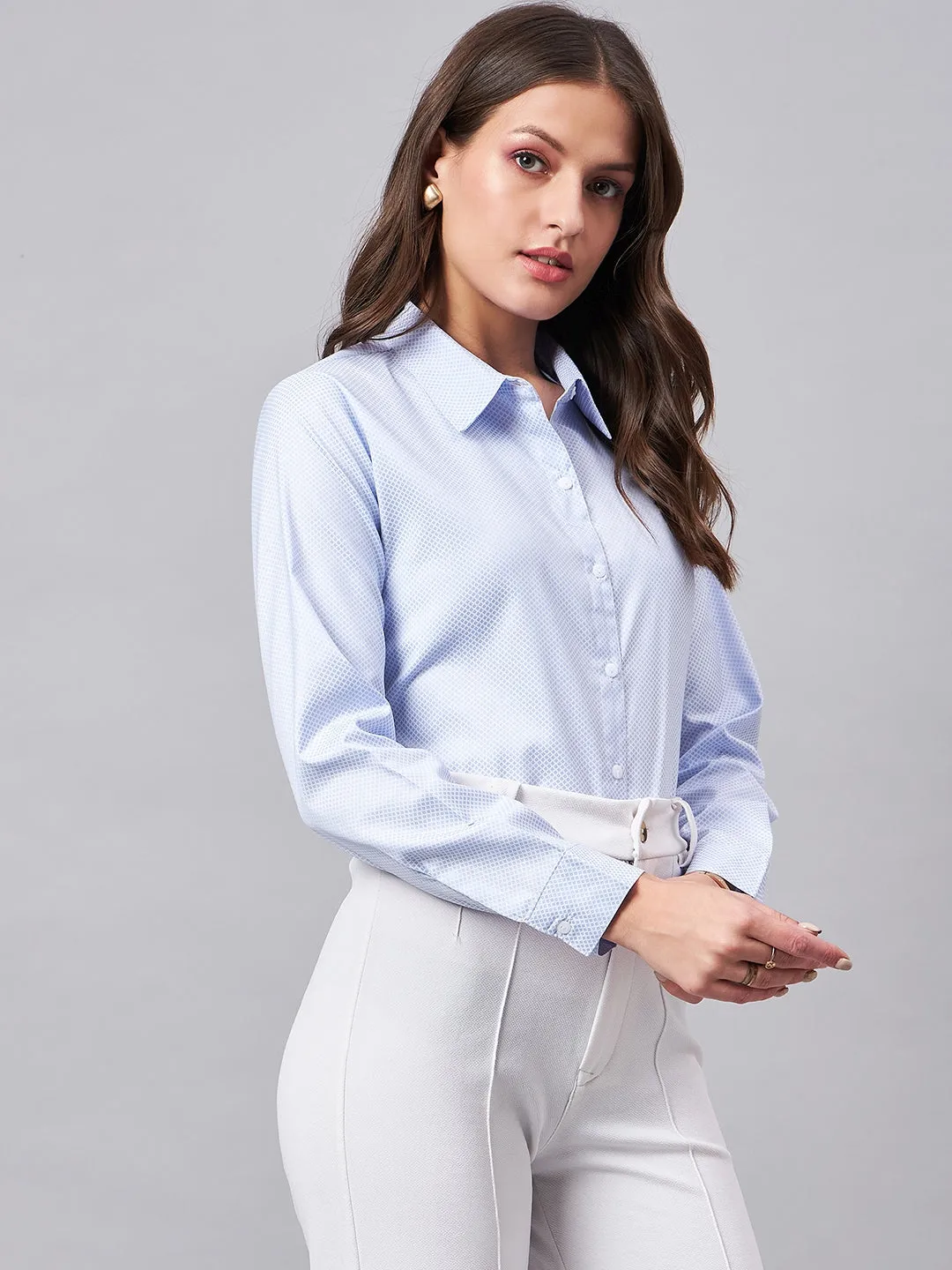 Style Quotient Women Micro Ditys Self Design Blue And White Polycotton Formal Shirt